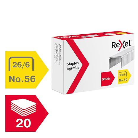 Rexel No.56 26/6 Staples for Standard Staplers, For Stapling Upto 20 Sheets, Use with Desktop Staplers and Pliers, 5000 Count (Pack of 1)