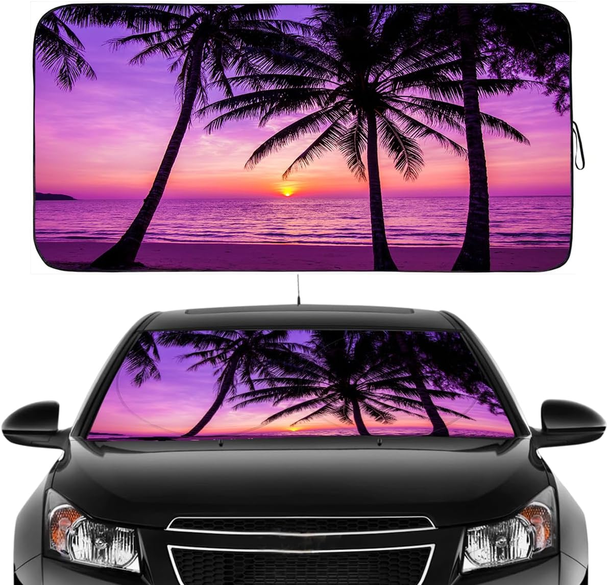 Gven Windshield Sun Shade, Car Front Window Shades Cute Sunshade Cover Sun Visor Shield Block Automotive Interior Protector Blocks UV Rays for Pickup Truck SUV Accessories(Sunset Purple, L), Large