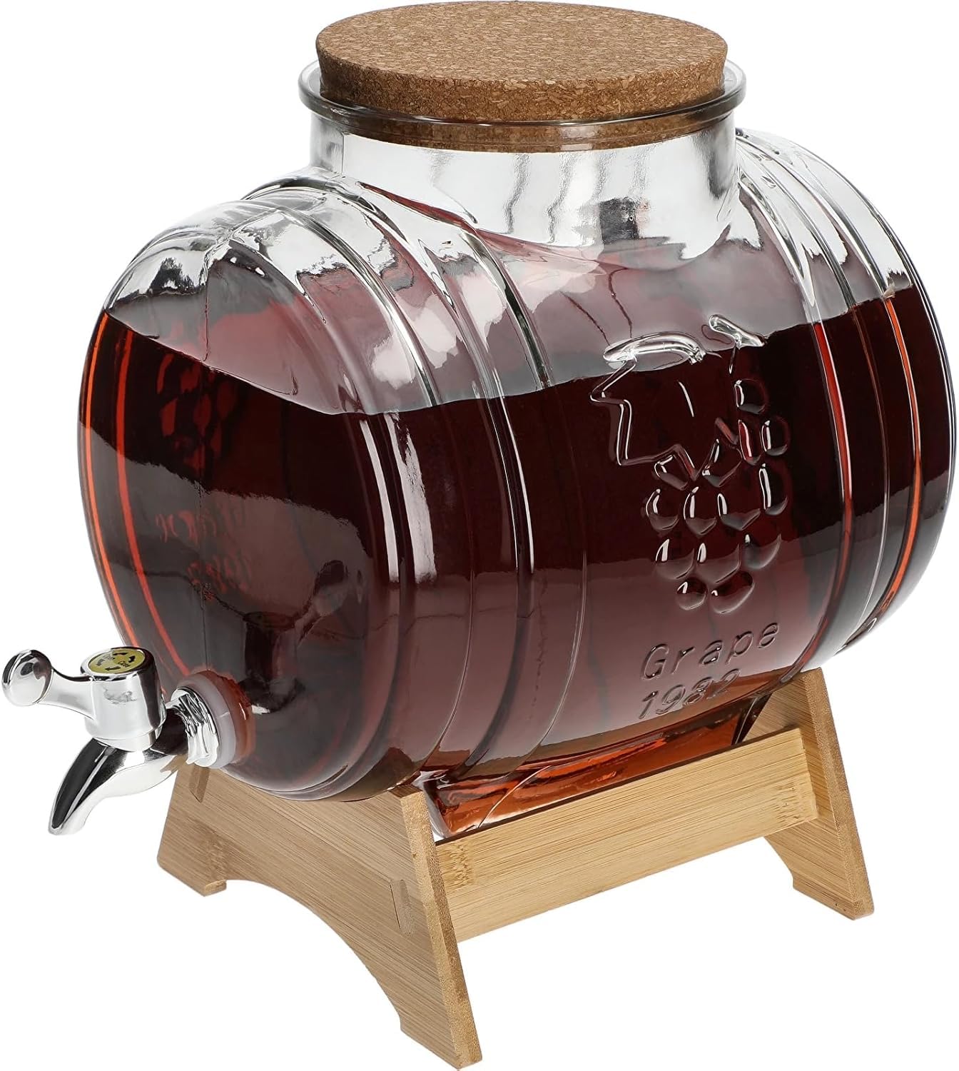Getränkespender Glas mit Zapfhahn und Holzständer, Glasfass mit Korkdeckel, Limonadenspender für Party, Hochzeit, Garten, Grillabend, Saft, Eistee, Bowle, Likör und Wein (3L)