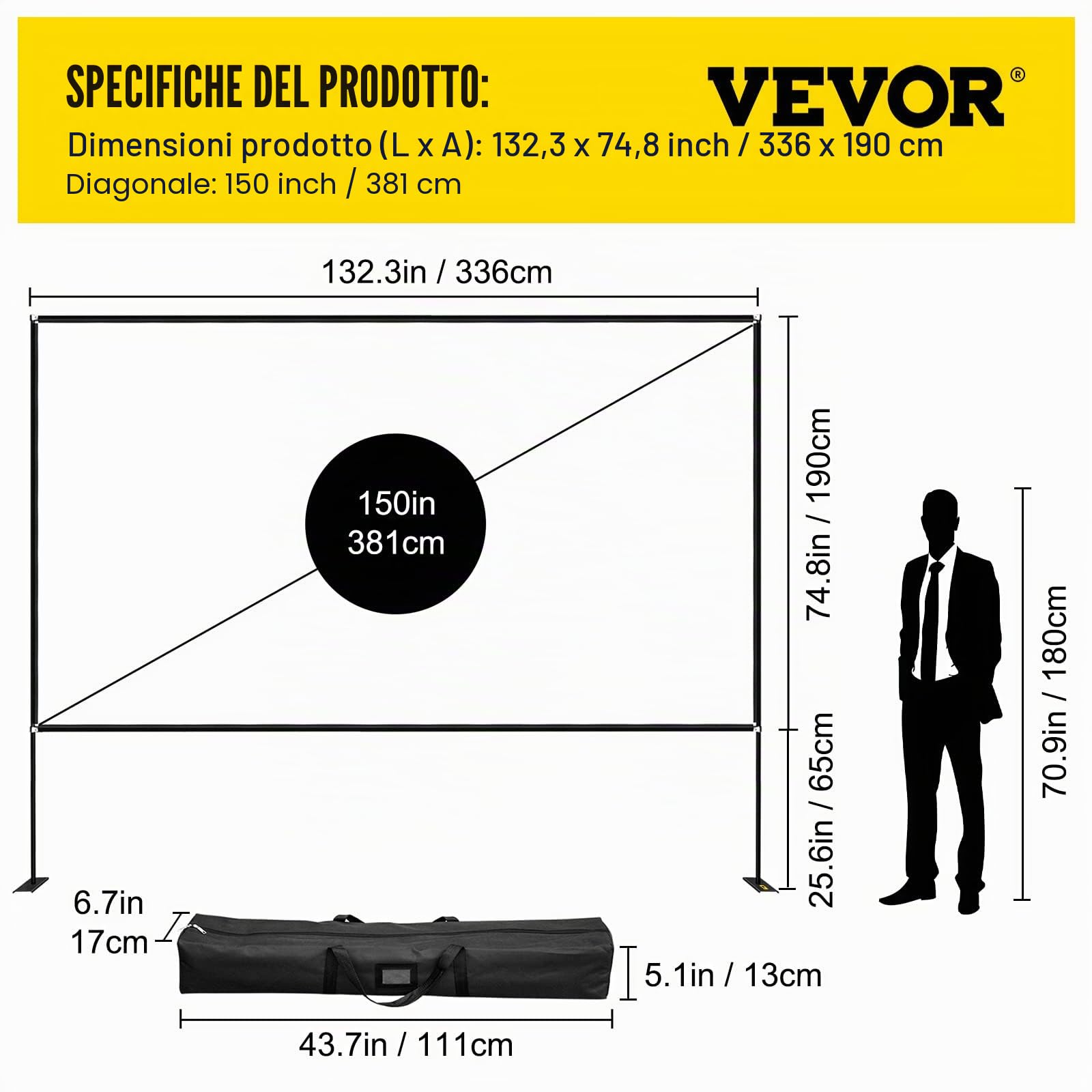 VEVOR Schermo di Proiezione con Supporto 150" 381 cm Tela di Proiezione su Piede HD 16:9 336x190 cm Schermo Proiettore in Alu Vision Ampio 160° Portatile Presentazione Sala Multimedia Cinema
