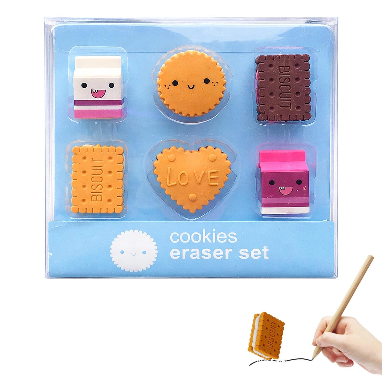 6pcs Box-Packed Eraser Set Cute Kawaii Milk Cookies Biscuit Erasers Coloured Pencil Erasers for Precise Erasing School Stationery Supplies Creative Gift for Kids Children Students
