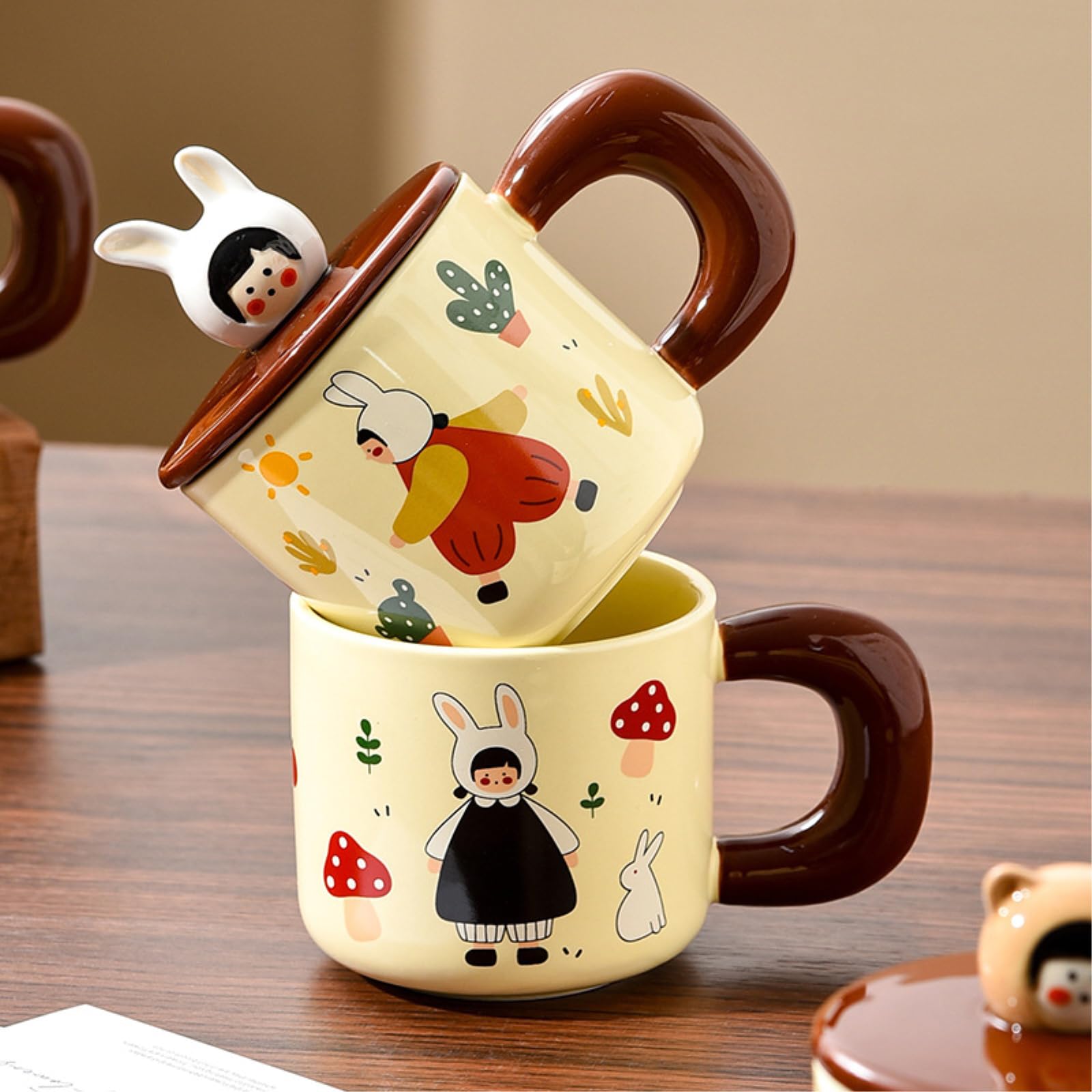 Taza de cerámica de 450 ml con tapa, diseño retro de conejo, color rojo, 450 ml