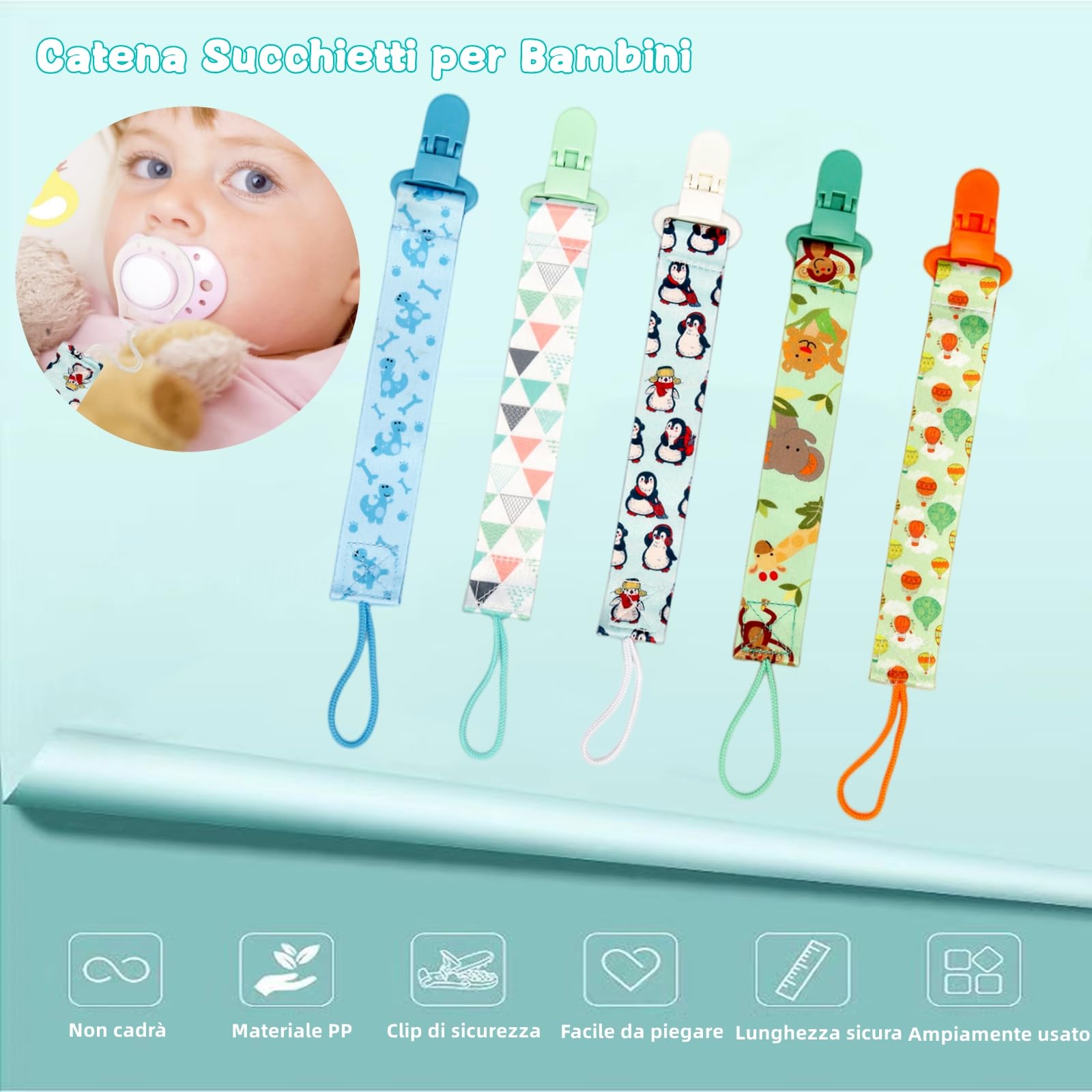 Set 4 Catene Portaciuccio Per Bambino – Clip E Anelli In Silicone, Colori Pastello (Giallo, Menta, Avocado, Caffè)