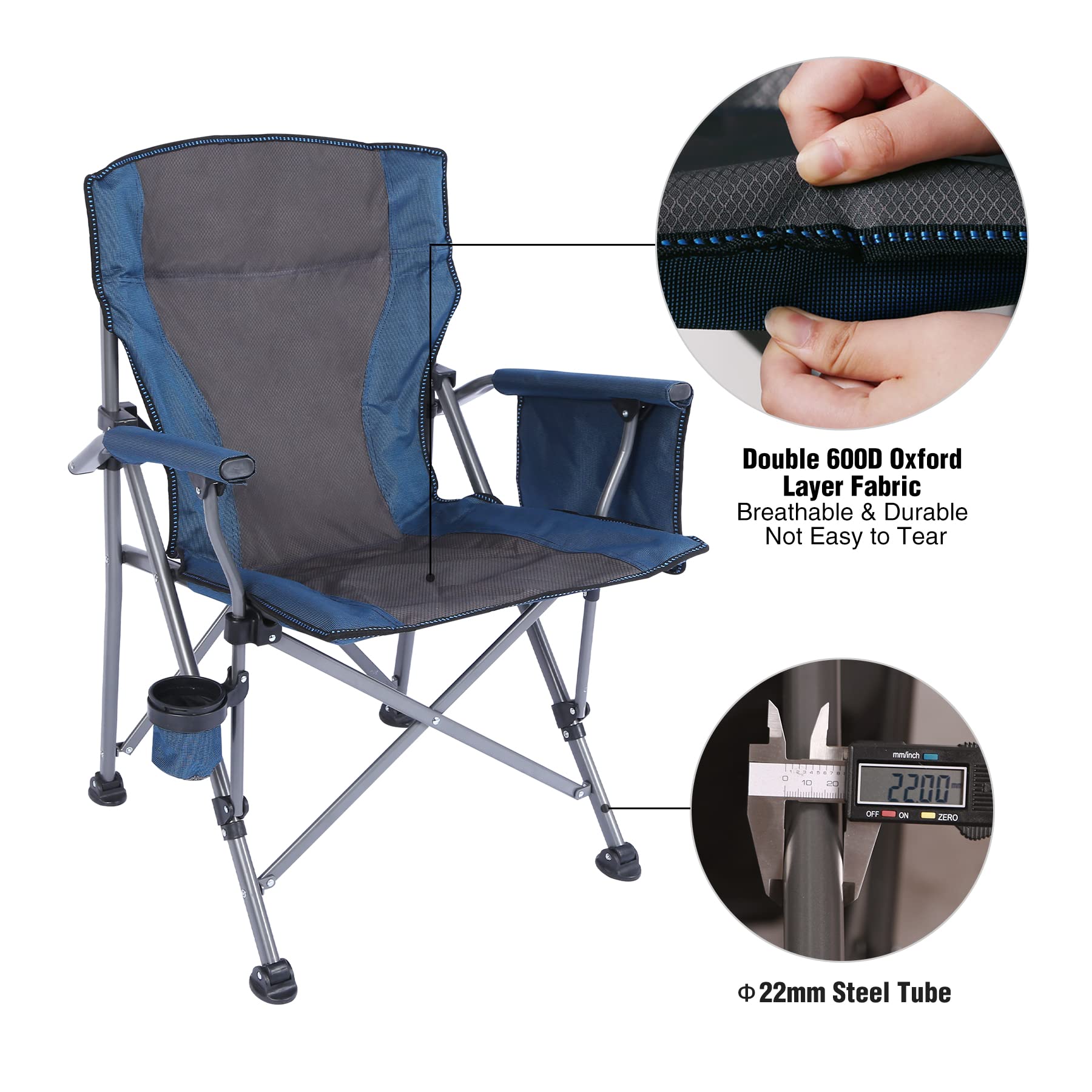 REDCAMP XXL Faltbar Campingstuhl 150 kg für schwere Menschen mithoher Rückenlehne, Luxus großer Heavy Duty Angelstuhl für Erwachsene Reise Picknick Angeln im Freien, blau