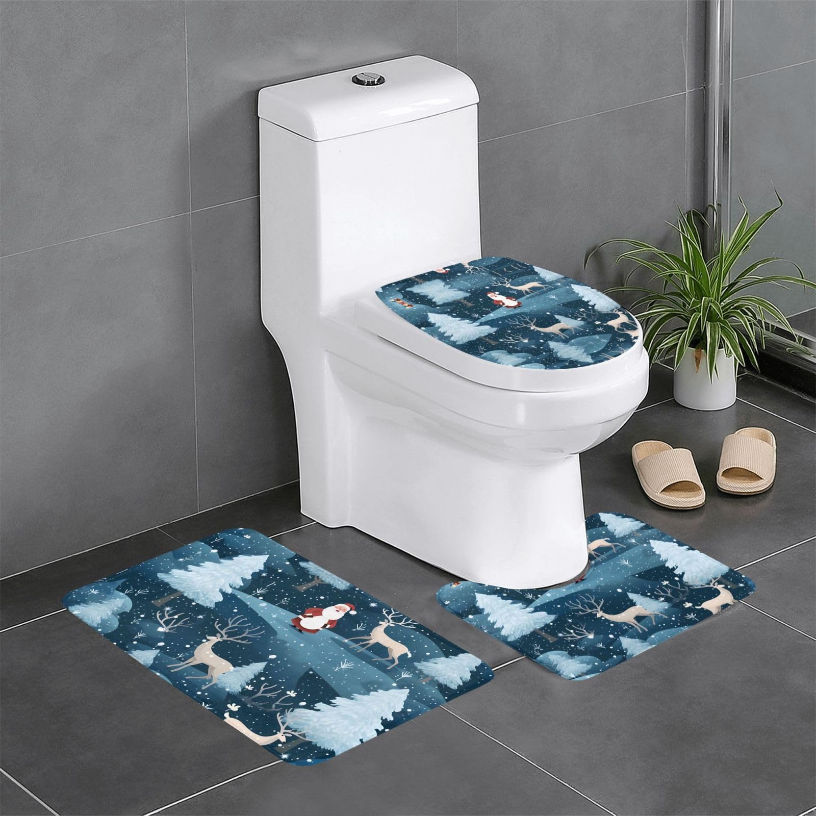 Tapis de salle de bain antidérapants 3 pièces 61x40.6 cm motif Père Noël et cerf