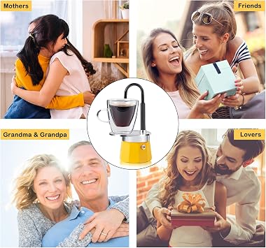 Mini Express Swiss Single Tube Moka Pot Aluminum Yellow,Moka Set includes One Double Wall 3oz Cup,Enjoy delicious coffee in no time