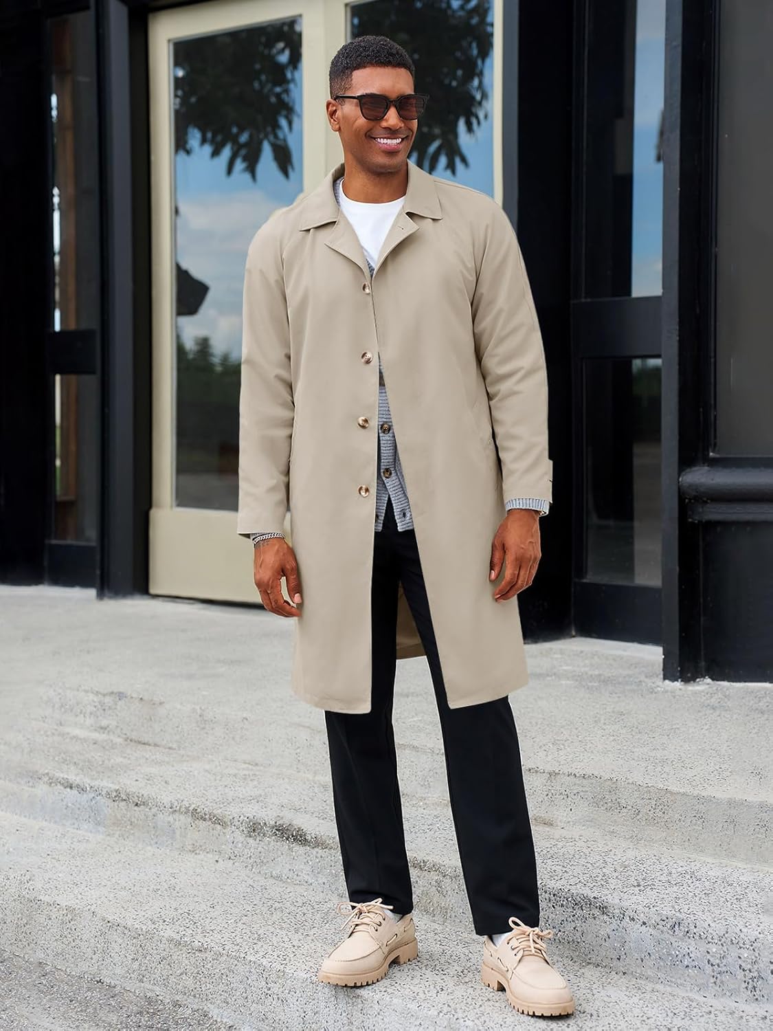 Yousify Mens Trench Coat Single Breasted Casual Slim Fit Windbreaker Lapel Lightweight Long Jacket Overcoat - Image 4