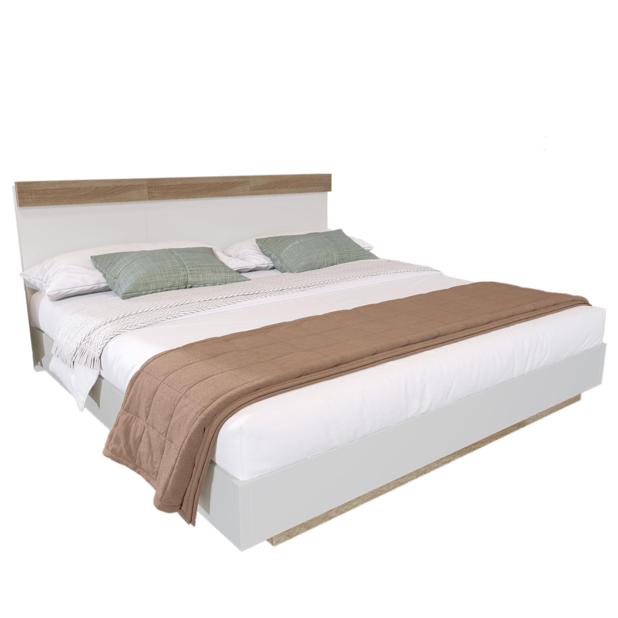 Kayan Holzbett Doppelbett 180x200 cm, Schwebebett mit Kopfteil aus Bettgestell &Lattenrost, Eiche Sonoma/Weiß, Ohne Matratze (180x200cm)