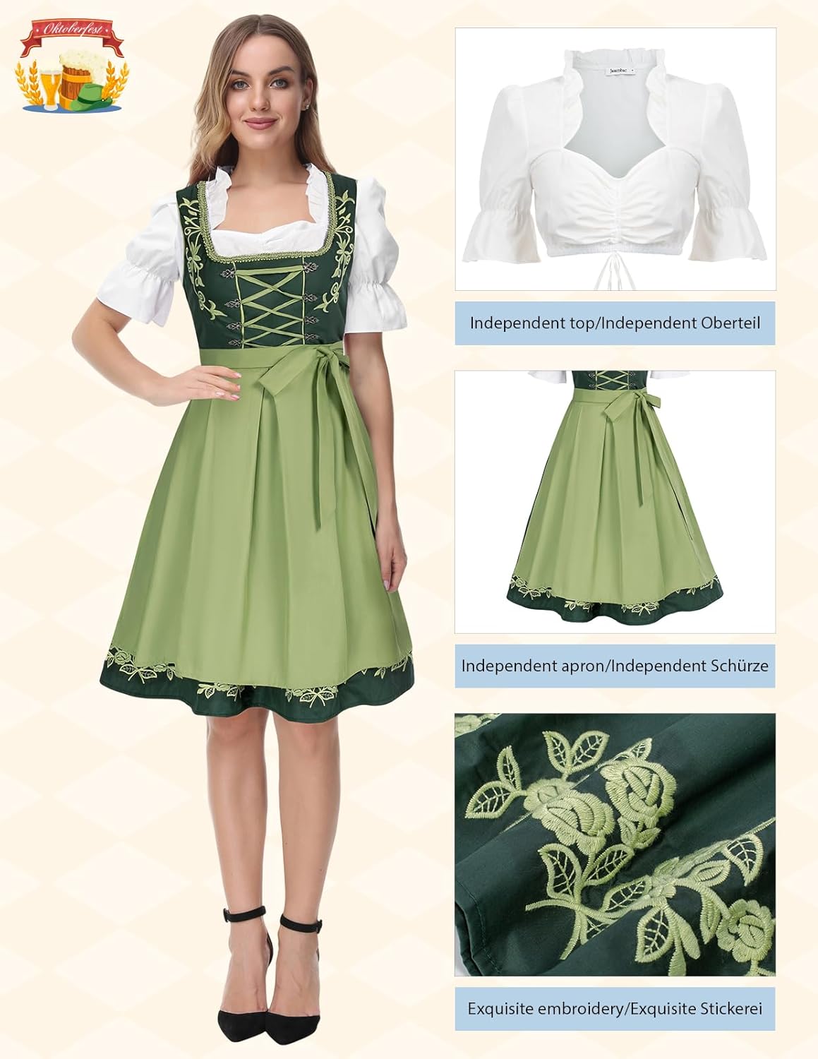 JASAMBAC Women's German Dirndl Dress Costumes 3 Pieces for Oktoberfest Carnival - Image 2
