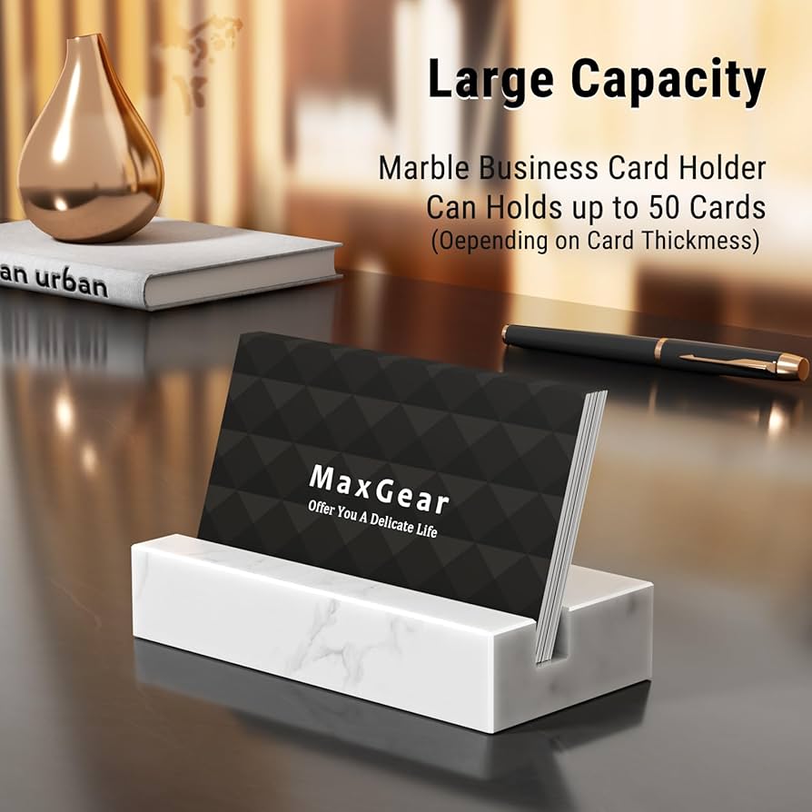MaxGear Business Card Holder for Desk, White Carrara Marble