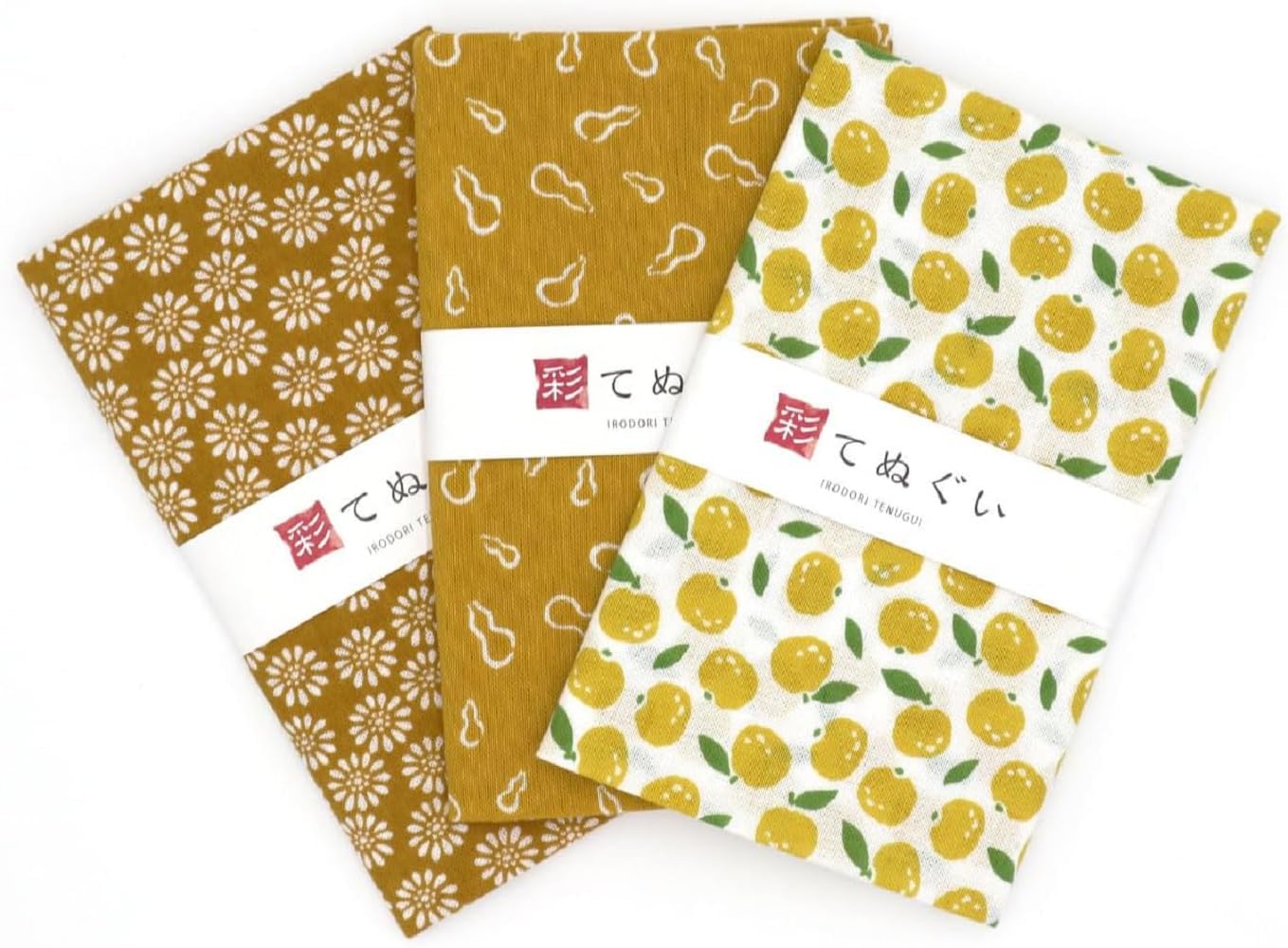 Komesichi Yellow Irodori Japanese Traditional Towel Tenugui Pattern With Fray Prevention Processing Set Of 3 With Tenugui Iroha (English Manual), 12.99 X 34.64 Inches