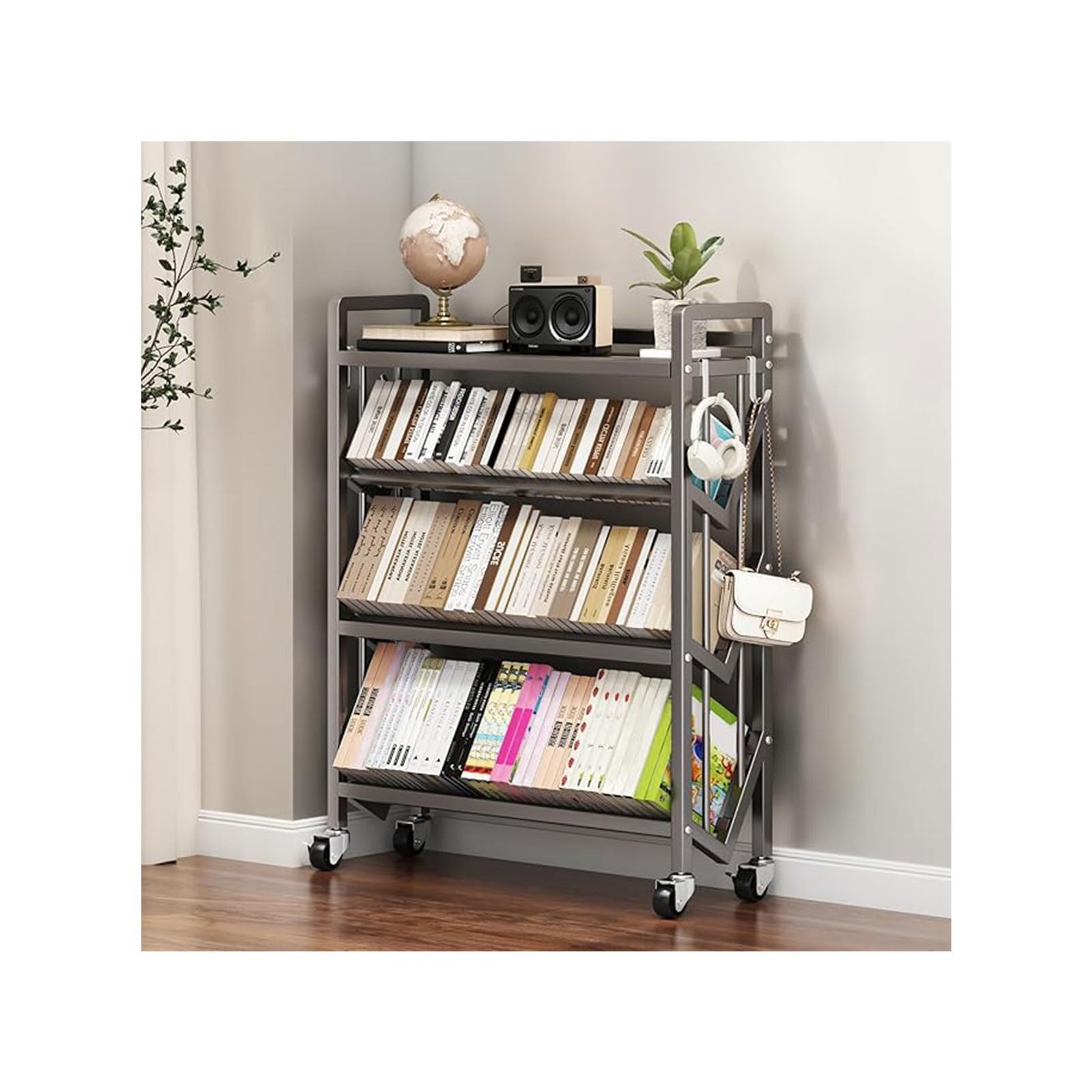 Book Carts with Wheels, Library Rolling Book Cart 2/3/4/5 Tier Movable Bookshelf Mobile Large Capacity L-Shaped Carbon Steel Organizer Rack for Office, Home, Classroom(Gris,4 Tiers-35.4x9.8x46.5in)