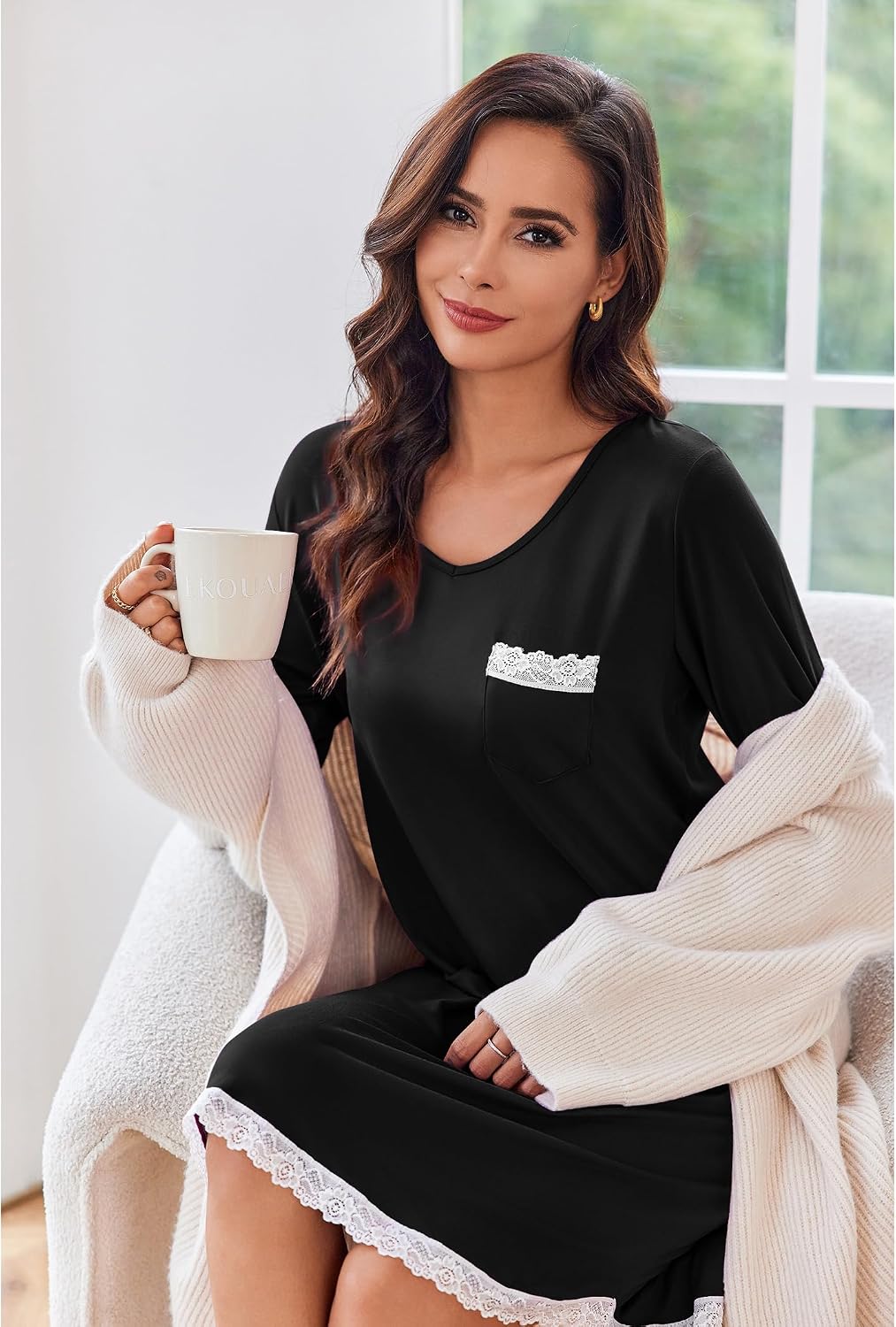 Ekouaer Women's Long Sleeve Nightgown with Pocket - V-Neck Sleepshirt — view 2