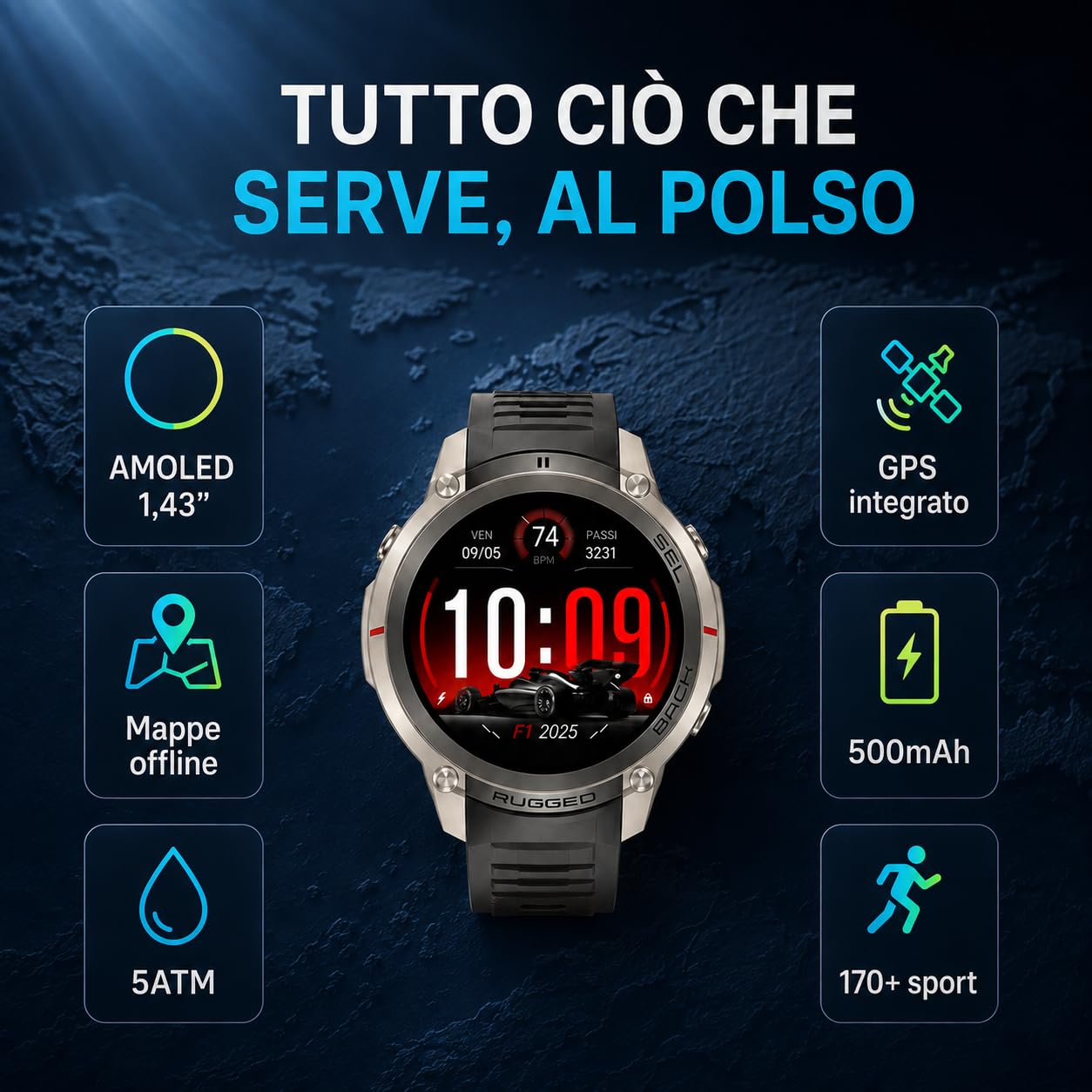Reloj inteligente GPS con mapas fuera de línea, brújula, altímetro, tiempo – Reloj con pantalla AMOLED de 1,43 pulgadas, impermeable 50 m, monitor de corazón/oxígeno/presión, correa de gel de