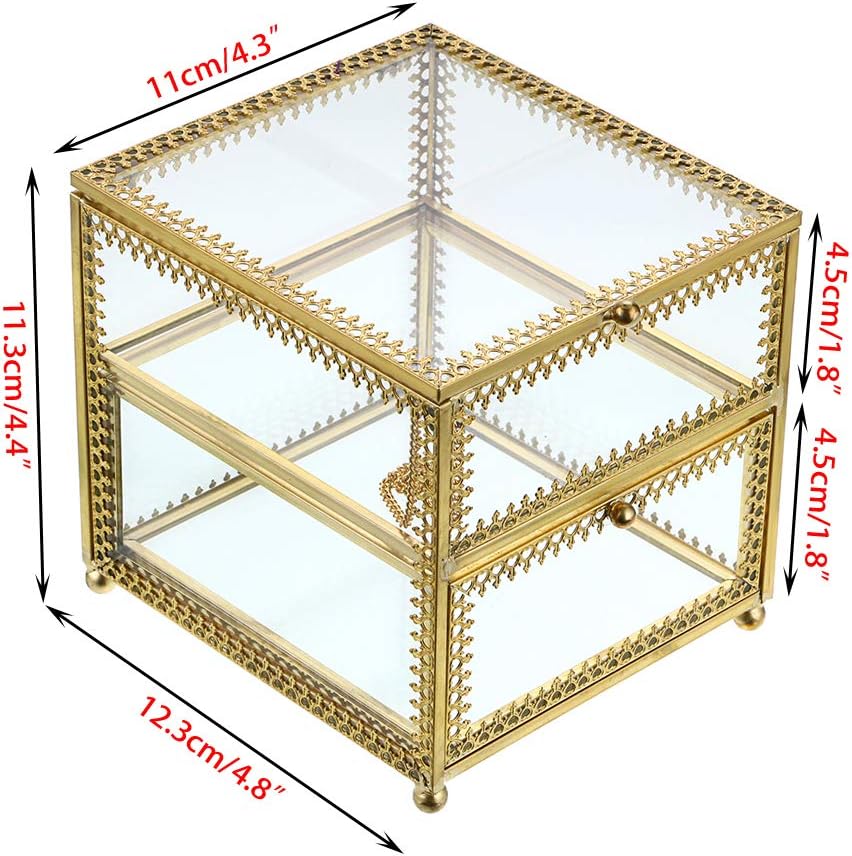 Hipiwe Vintage Glass Jewelry Trinket Box - Geometric Golden Vanity Organizer holder with Drawer, Decorative Jewelry Display Case for Storage Bracelets Necklace Watch Rings