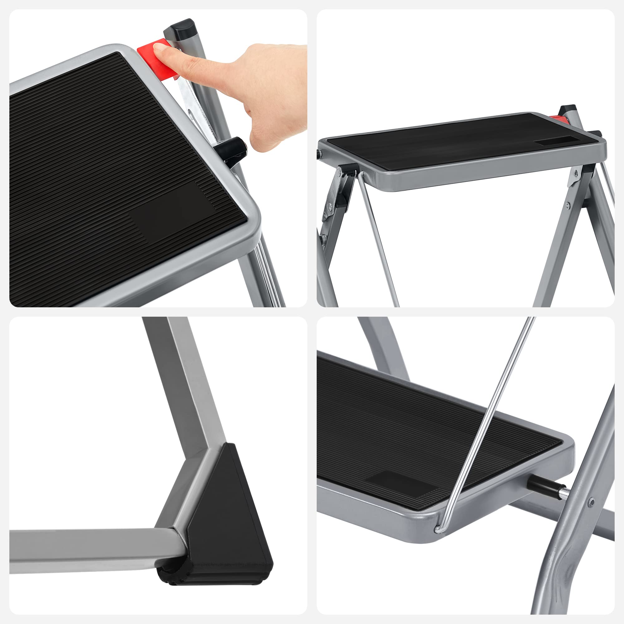 SONGMICS Escabeau à 2 Marches, Marche-Pieds Pliable, Largeur de Marche 20 cm, Caoutchouc Antidérapant, avec Poignée, Charge 150 kg, en Acier, Gris et Noir GSL002GY01