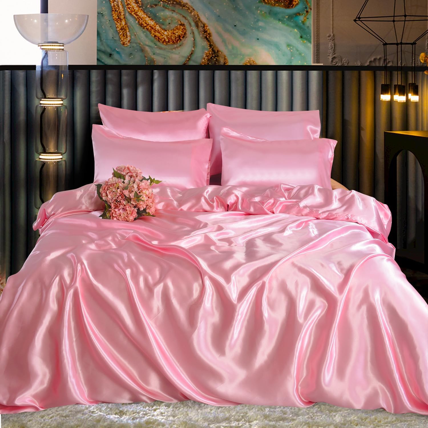 Luxury Satin Silk 6-Piece Bedding Set – Complete Set with Fitted Sheet, Duvet Cover & 4 Pillowcases – Soft, Smooth & Elegant Sleep Essentials (BABY PINK, Super King)