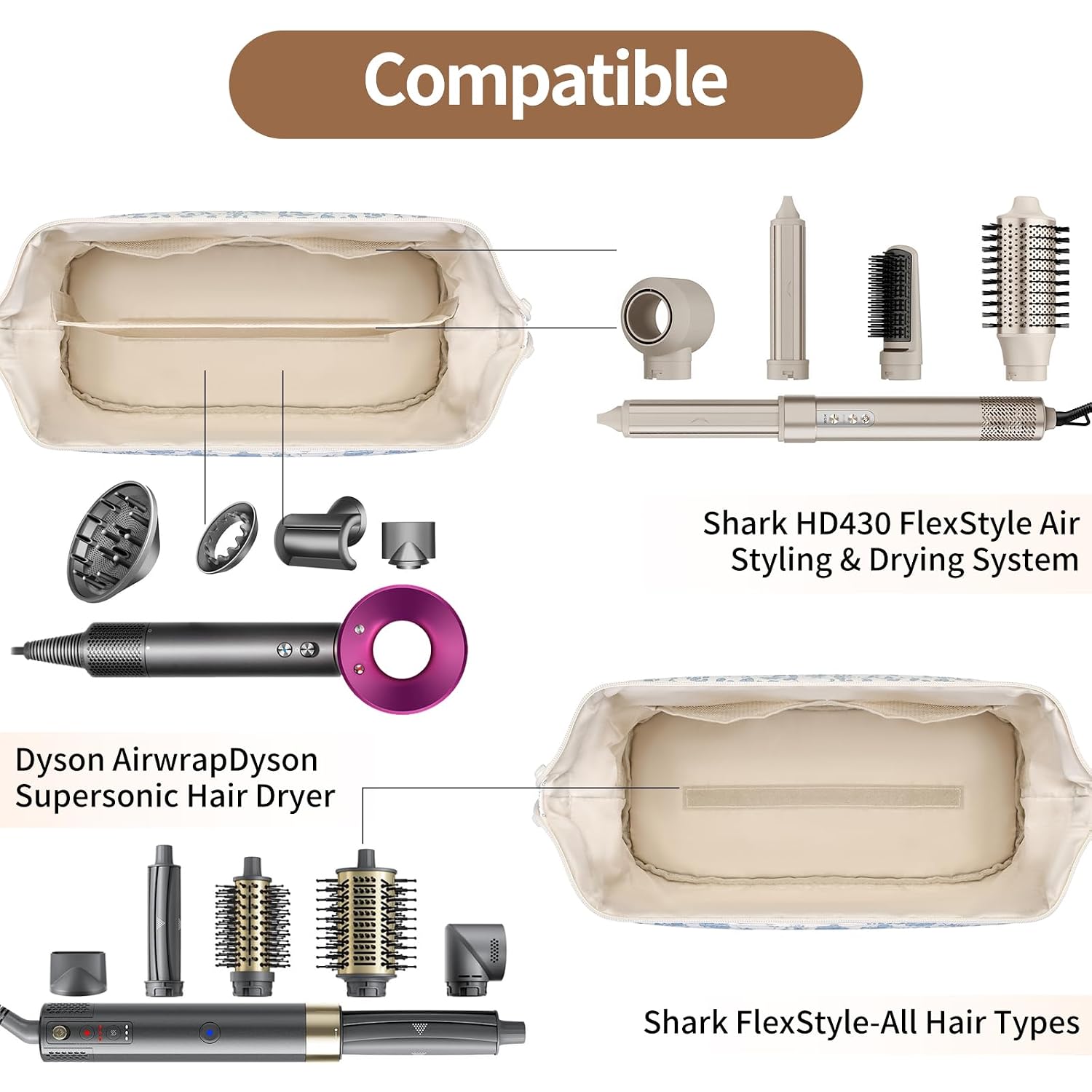 Quilted Hair Tools Travel Bag,Compatible with Shark Flex Style and Dyson Airwrap Travel Case,Portable Large Capacity Hair Dryer Bag for Shark Dyson Revlon Curling Iron & Styling Accessories