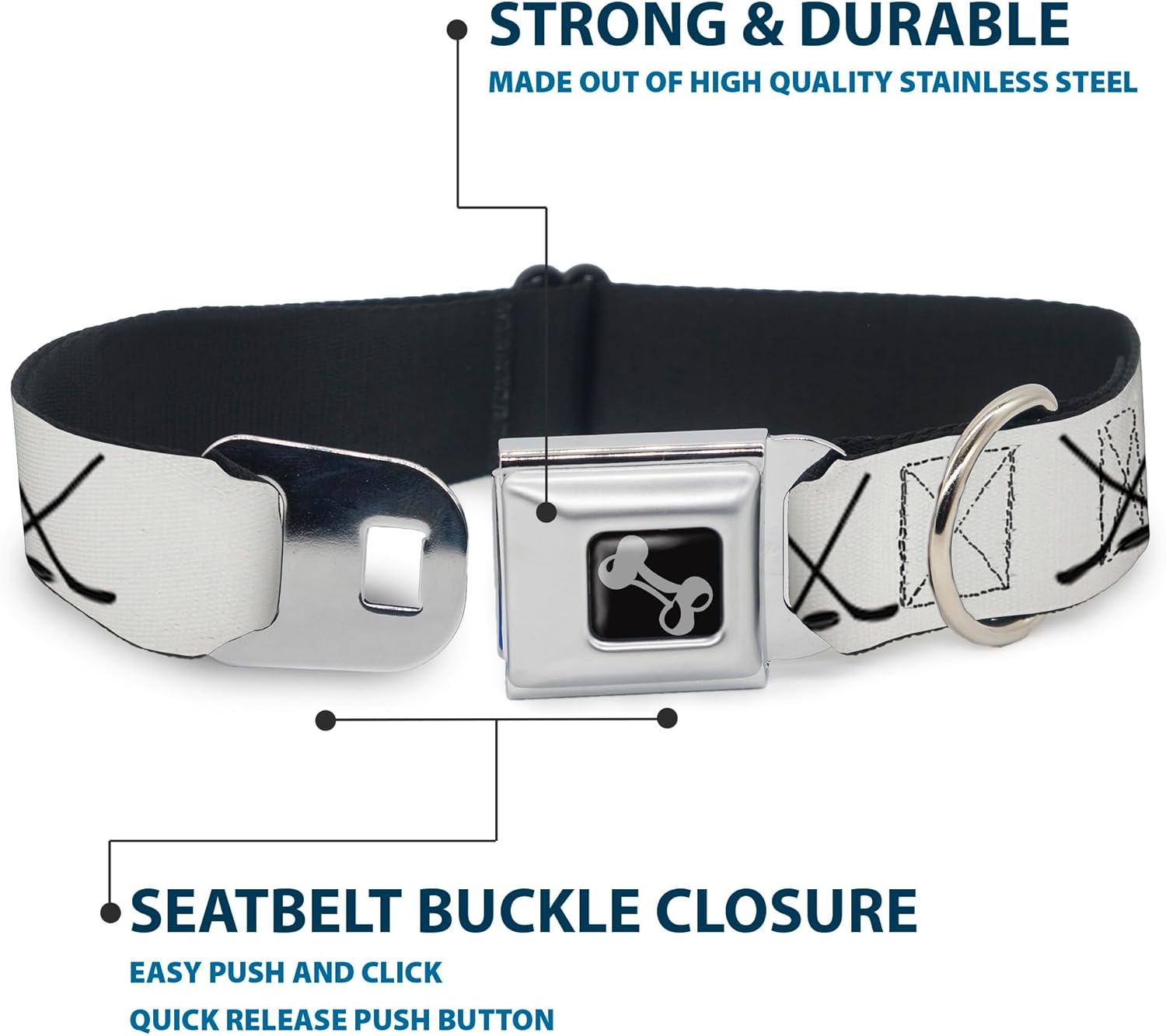 Dog Collar Seatbelt Buckle Hockey Sticks and Puck White Black 15 to 26 Inches 1.0 Inch Wide