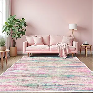 KOZYFLY Pink Nursery Rug for Baby Girl, Washable Thin Area Rugs 5x7 for Kids Bedroom Dorm Playroom, Non-Slip Faux Wool Soft Low Pile Living Room Rug for Dining Room, Kitchen Bathroom