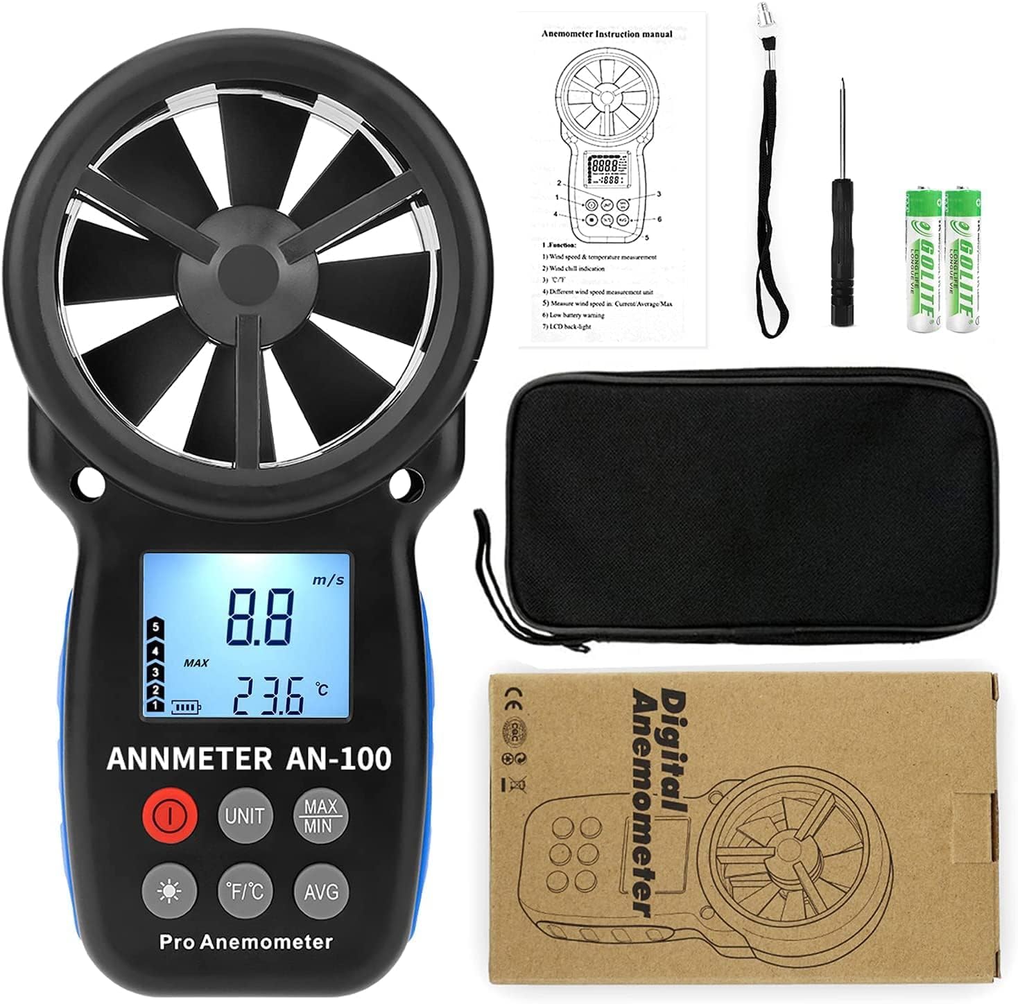 Anemómetro Digital AIOMEST AI-100 Medidor Velocidad Viento Portátil con Temperatura