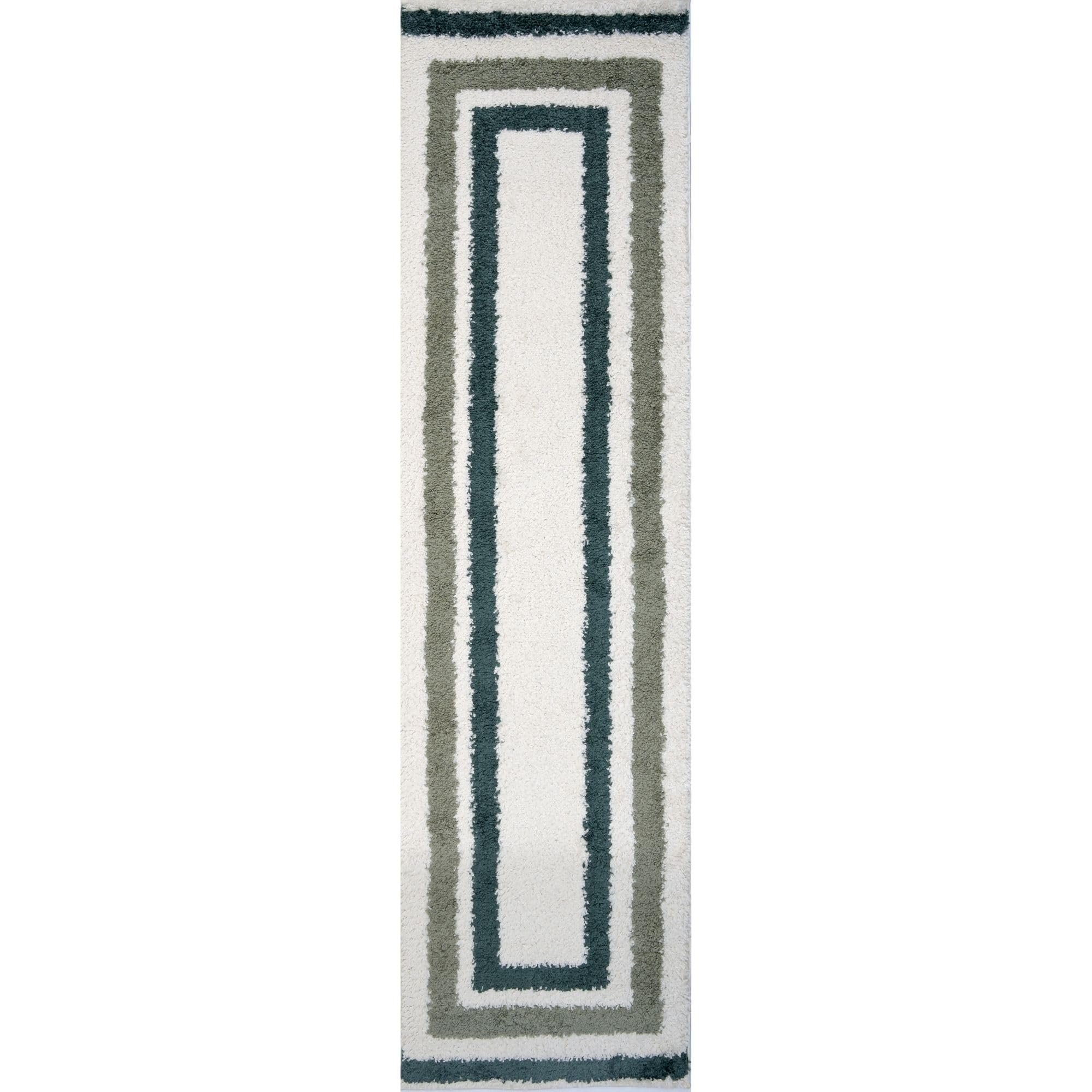 THE RUGS Soft Shaggy Area Rug – Modern Patterned Carpet for Living Room & Bedroom, Extra Plush, Easy to Clean, Border Design (80x300 cm, Forest & Sage Green)