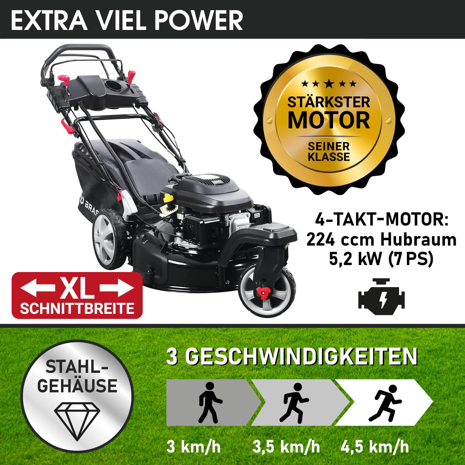 BRAST Benzin Rasenmäher Trike mit Antrieb | 5,2kW(7PS) | Elektrostart | 53cm Schnittbreite | viele Modelle | TÜV | 4 Takt OHV Motor | 30-80mm Schnitthöhe | 60L Fangkorb | Stahlgehäuse | ESTART Speed