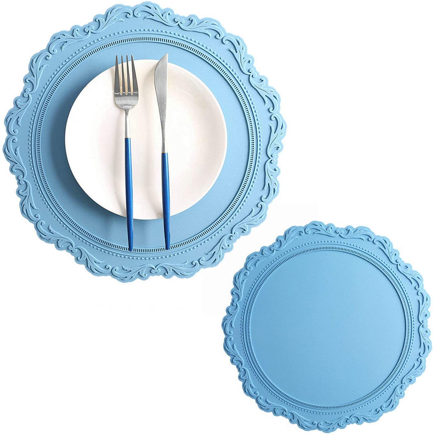 Runde Silikon-Tischsets (Ø34 Cm) & Untersetzer (Ø10 Cm) – Hitzebeständig Bis 230°C, Rutschfest, 4er Set Hellblau