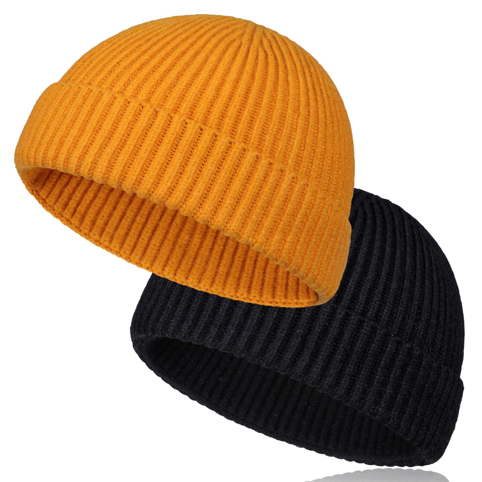 TSKNOMO 2 PCS Wool Short Fisherman Beanie for Men, Soft Knit Cuff Trawler Beanie Caps Winter Warm Hats for Women
