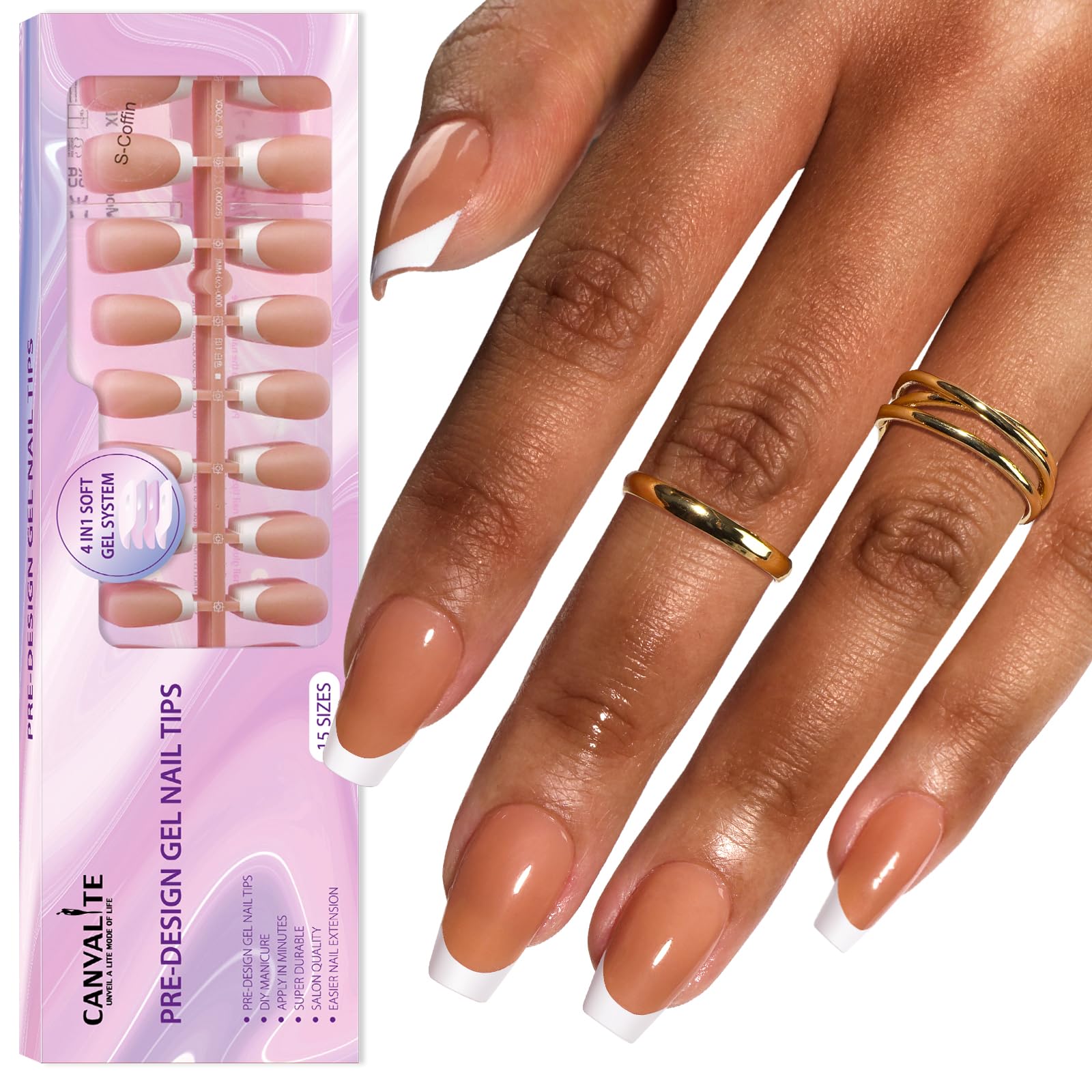 Canvalite French Tip Press on Nails Gel Nail Tips - 300Pcs Pre-Colored Quick and Easy Fake Nails with Designs Coffin Nails Tips Short Press on Nails DIY Nail Extensions, Nude White
