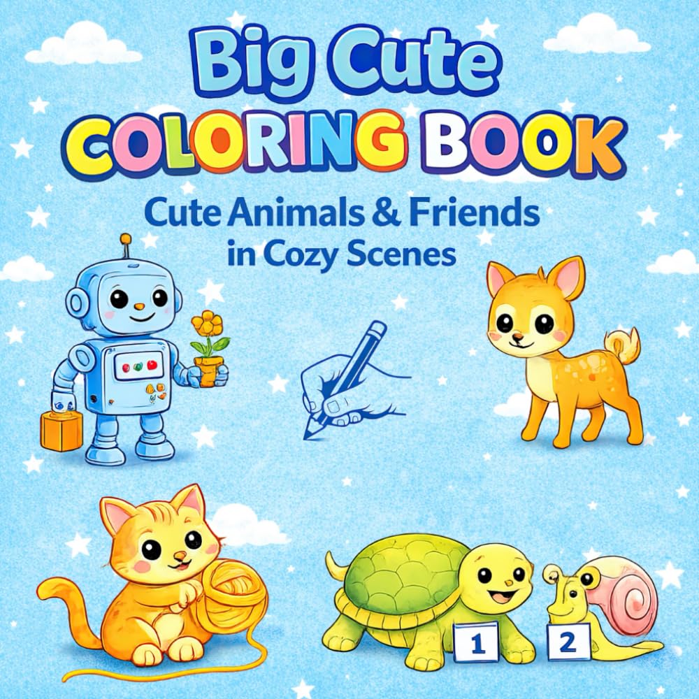 Big Cute Coloring Book: Cute Animals & Friends in Cozy Scenes