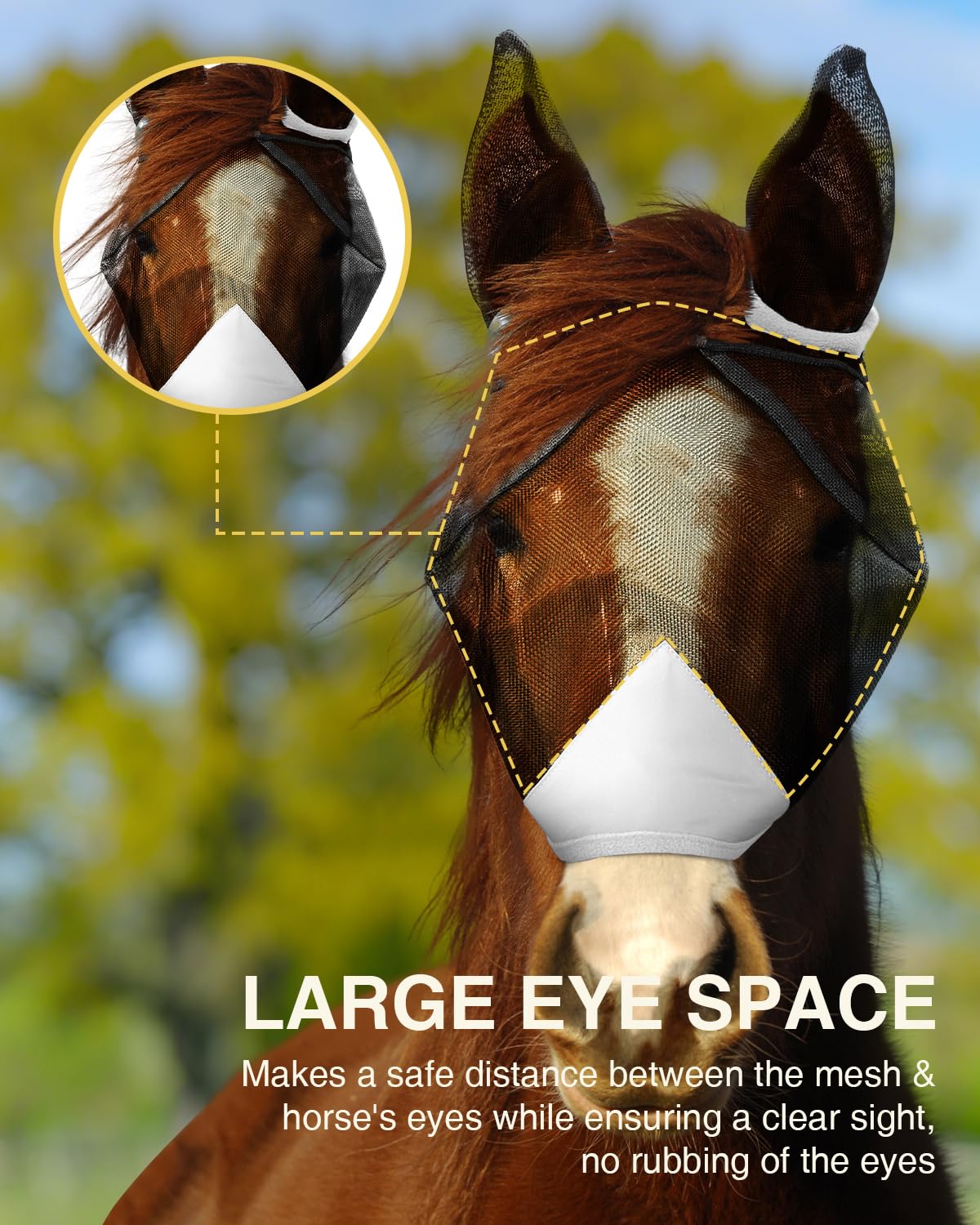 Hilltown Máscara de mosca ajustable para caballo con orejas, bloqueo UV, gran espacio para los ojos, transpirable, construida para durar, ajuste cómodo, máscara de mosca de caballo para estabilidad