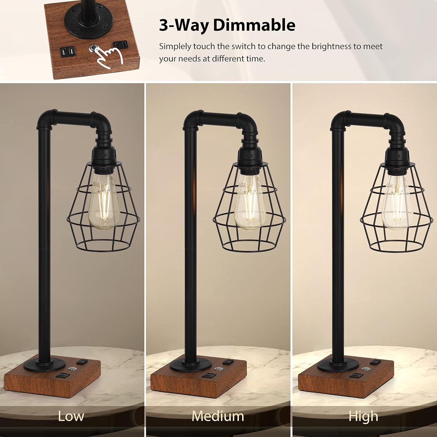 Top Rated Table Lamp Industrial Desk Lamp with Dual USB 3-Way Touch Control Dimmable Edison Nightstand Bedside Lamp with AC Outlet and Black Metal Cage for Bedroom Living Room (Bulb Included) Amazon Crazy 🔥 Deals Table Lamp Industrial Desk Lamp with Dual USB 3-Way Touch Control Dimmable Edison Nightstand Bedside Lamp with AC Outlet and Black Metal Cage for Bedroom Living Room (Bulb Included)