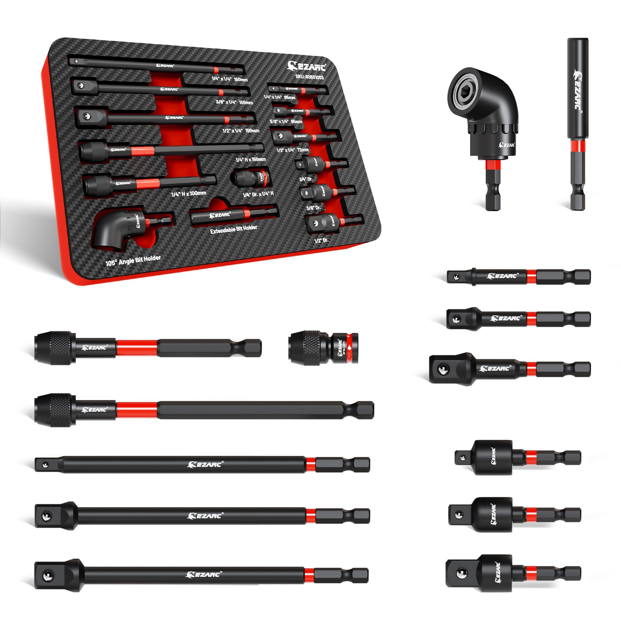EZARC Set di adattatori per bussole a percussione, 1/4", 3/8", 1/2", adattatore a sgancio rapido e estensione magnetica per punte da trapano, girevoli e ad angolo retto, per trapano elettrico e