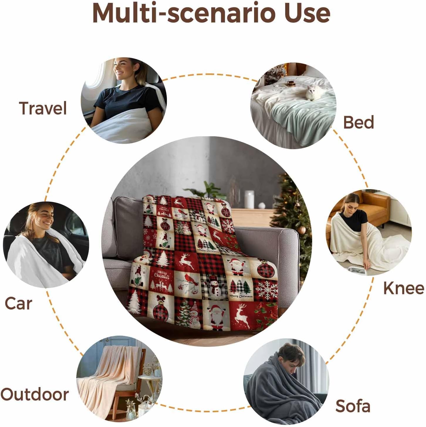 Christmas Checkered Flannel Fleece Throw Blanket, Xmas Tree Santa Microfiber Soft Fleece Blankets for All Season, Snowmen Snowflakes Fuzzy Plush Blanket Throws for Camping, Travel, Gifts, 50"x60"