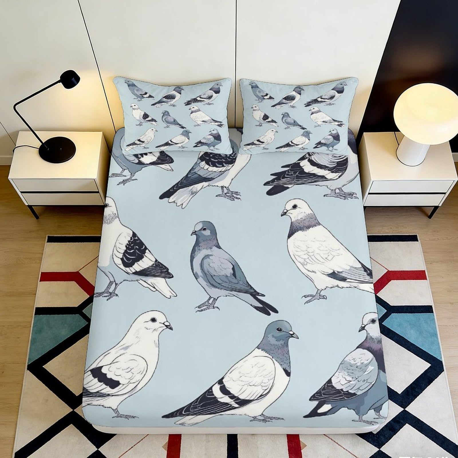 3D Printed Pigeon Illustration Fitted Sheet Microfiber Soft Breathable Bird Pattern Mattress Cover Bedroom Decor 90x200x25cm