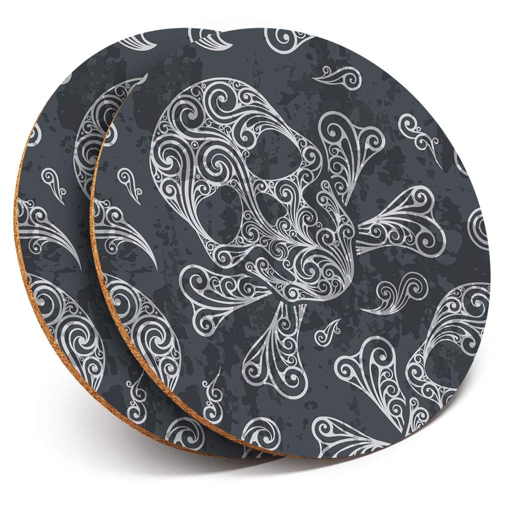 2 x Round Coasters - Black Swirly Skull Skulls Goth - Cork Backed Home Kitchen Accessory Tea Coffee Mug Mat #8184