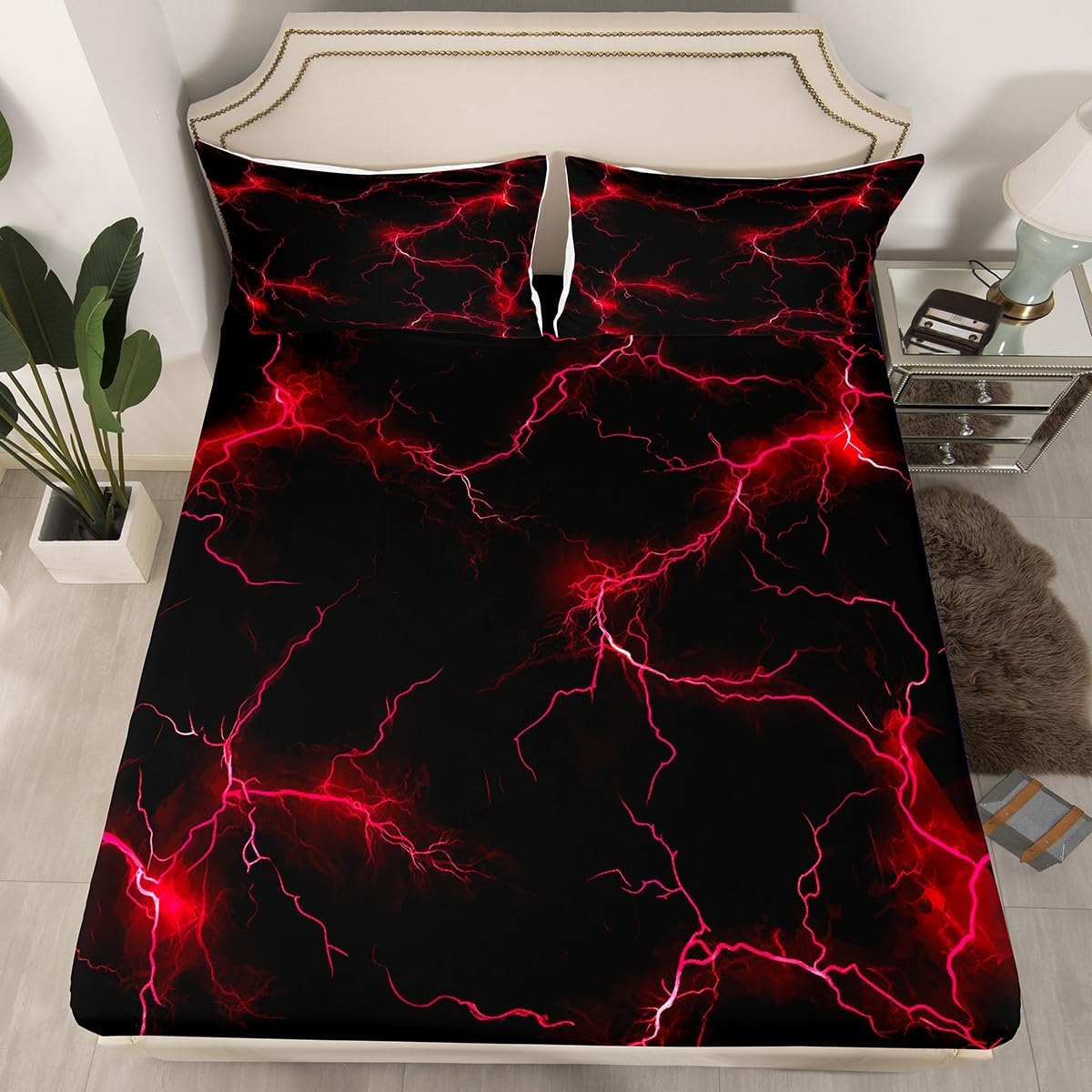 Neon Red Lightning Fitted Sheet,Red Print Modern Cool Bedding Set for Kids Teens Adults,Simple Lines Natural Phenomena Bed Sheet with 2 Pillowcases(No Top Sheet),Queen Size 3 Pcs
