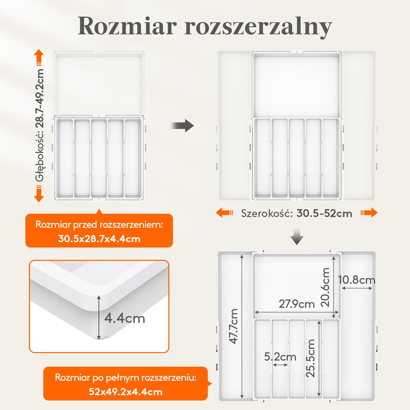 Lifewit Pojemnik na sztućce do szuflad, 5-8 przegródek, dwukierunkowy, regulowany, organizer z tworzywa sztucznego, organizer kuchenny, szerokość od 30,5 do 52 cm, wkład na sztućce na łyżki i widelce