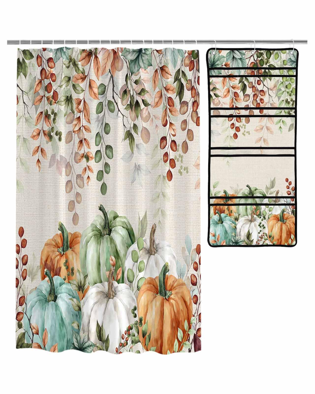 Decorative Shower Curtain Sets Fall Fabric Waterproof Shower Curtains Thanksgiving Eucalyptus Leaves Texture Pumpkin Beige Mesh Shower Caddy