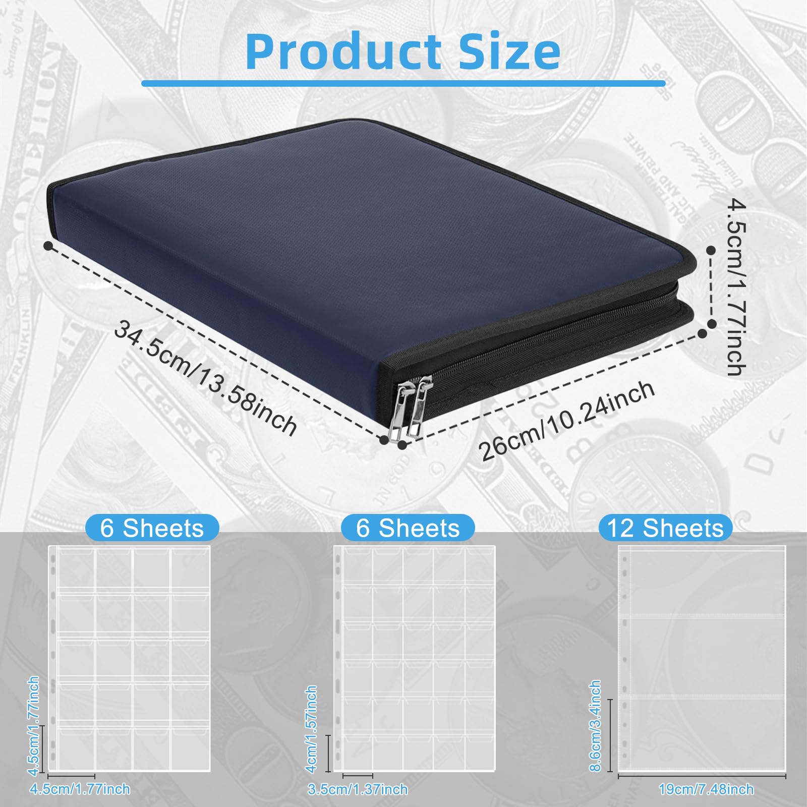 Ignifugo Album Raccoglitore Monete da 2 euro, Porta Monete da Collezione con 24 Pagine per 300 Monete e 36 Banconote in Euro, Dollari, Sterline e Pence (Blu)