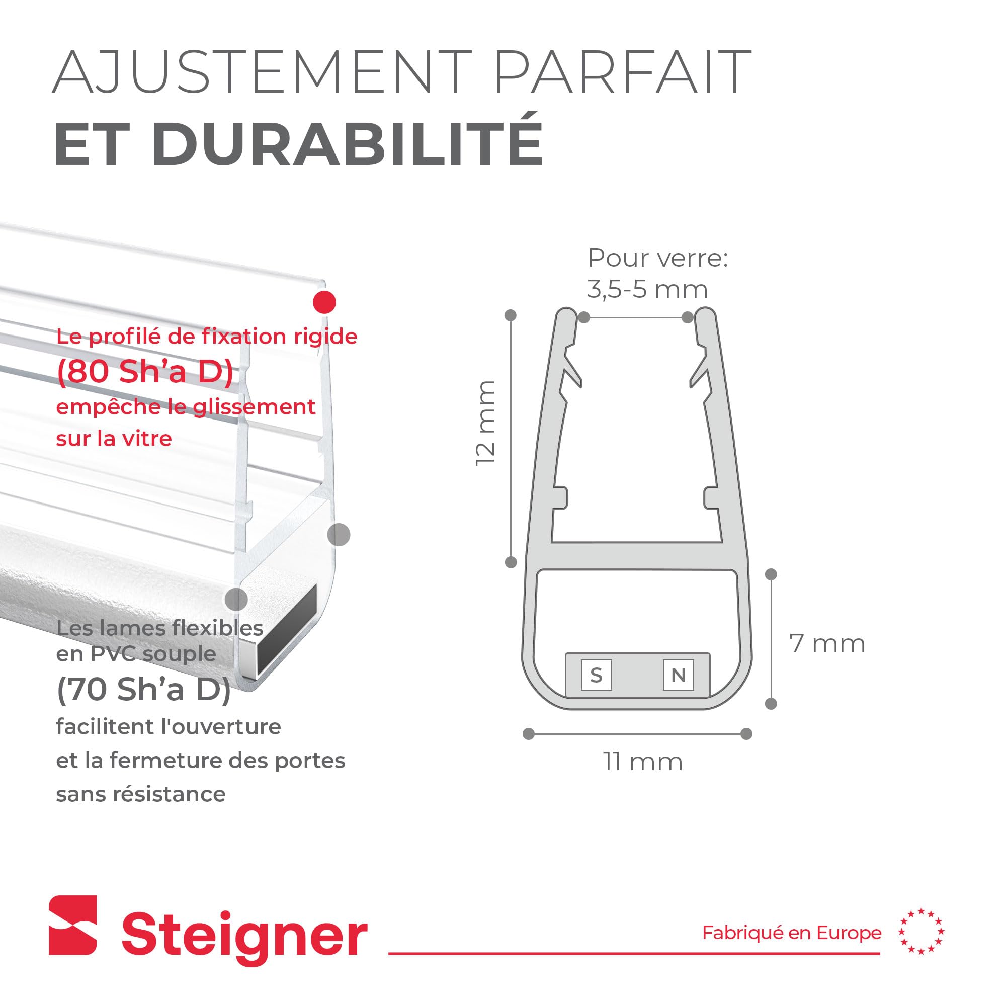 STEIGNER Joint magnetique douche UKM01 181 cm (1 pc.) - Joint porte de douche d’angle, pentagonale, arrondie, en niche ou quart de cercle avec porte 3,5-5 mm - Étanchéité, Protection contre les fuites