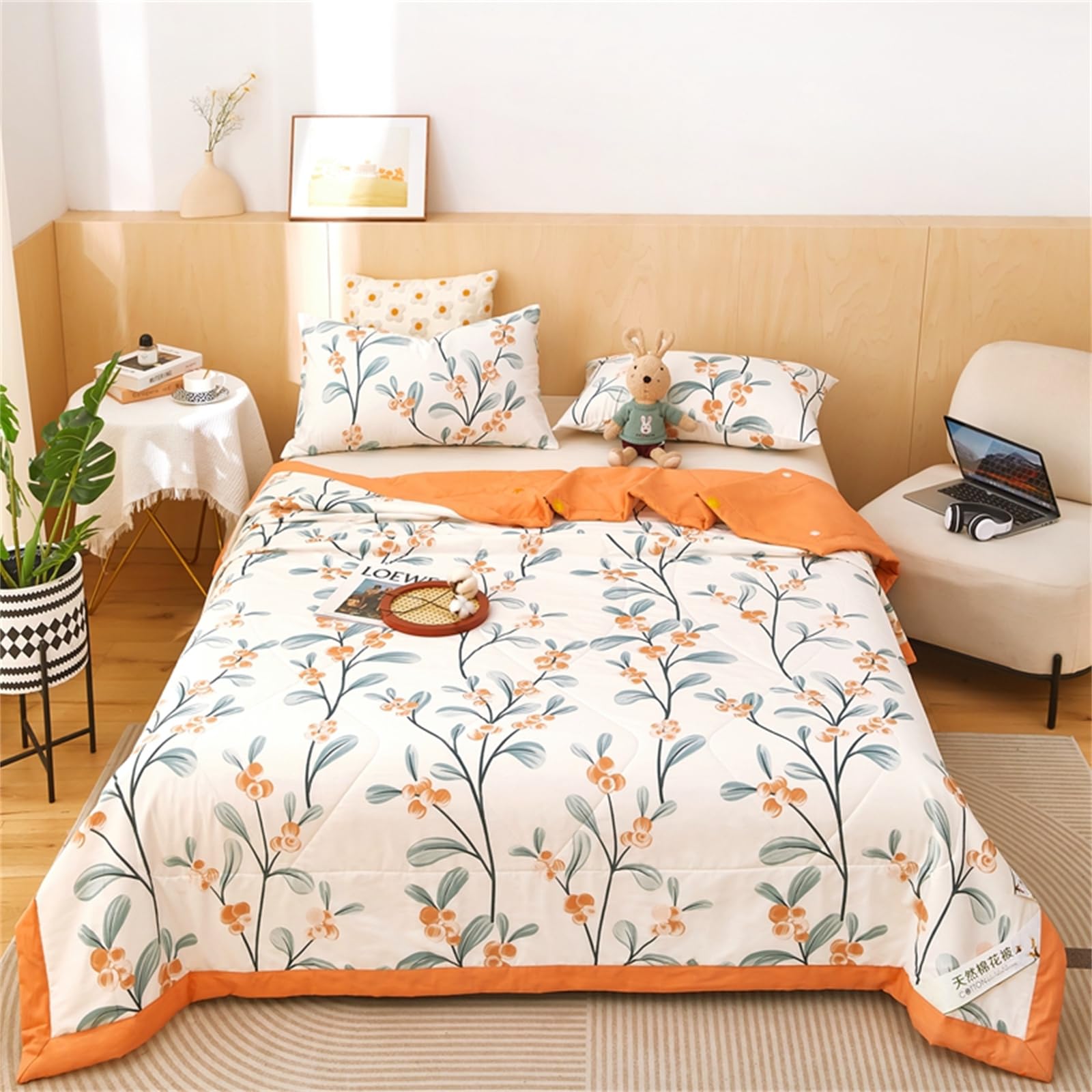 Odot 4.5 Tog Coverless Duvet Single Double King Size, Seersucker Summer Quilted Duvet Cosy & Lightweight Quilt Breathable Reversible Bedspreads Quilted Throw for Beds (Orange fruit,200 * 230cm)