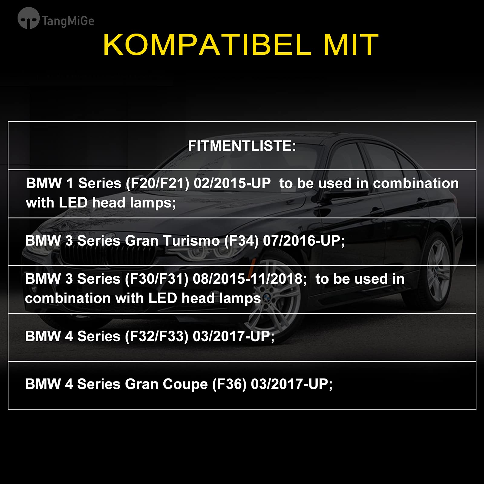TangMiGe Fendinebbia compatibile con BMW F20 F21 F22 F23 F30 F31 F32 F33 F34 F36 F45 F46, Serie 1 3 4, 2010-2018, LED sostituzione diretta o LED to alogenen, 1 Paio (Chiaro)
