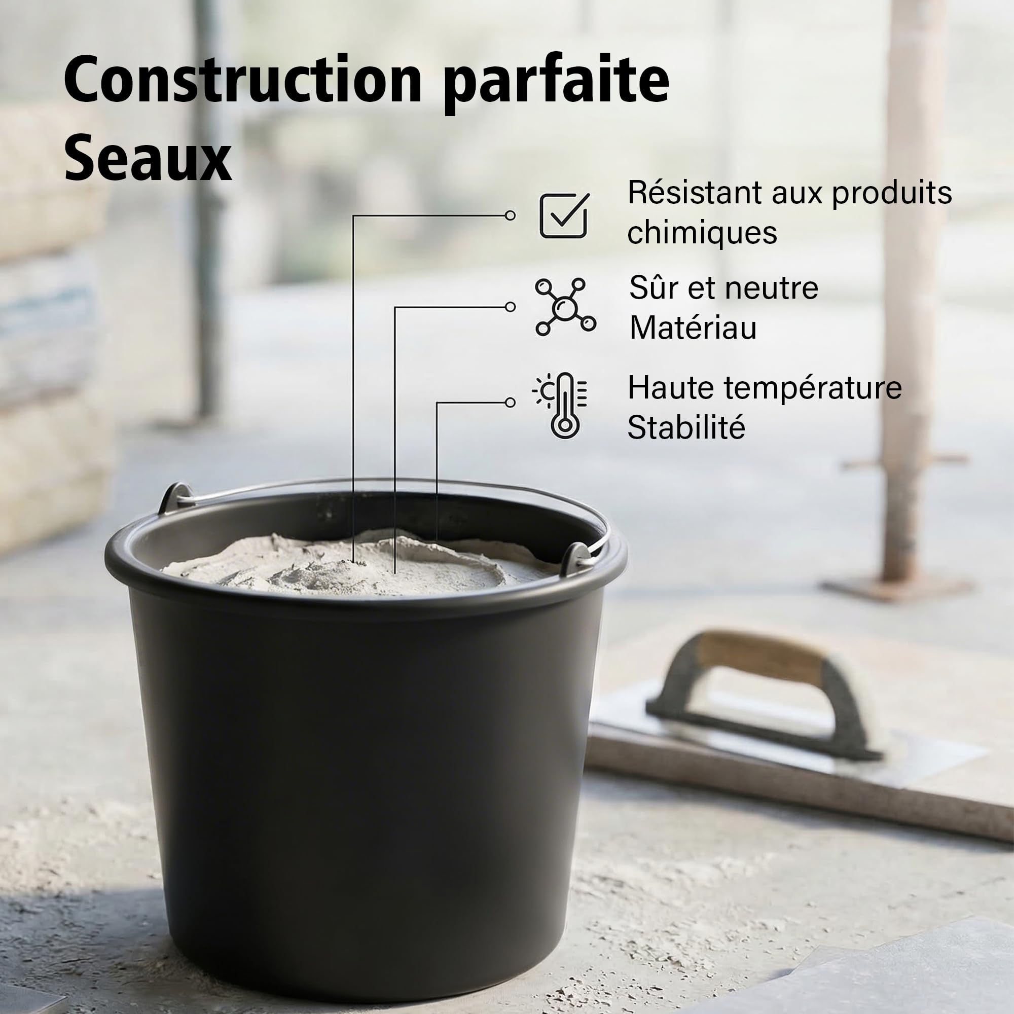 Lot de 10 seaux à mortier Robustes de 5 l en polyéthylène Basse densité recyclé avec Arceau en métal et échelle intérieure - Seau à béton, Ciment, Nettoyage et Seau à Eau pour Chantier, Jardin