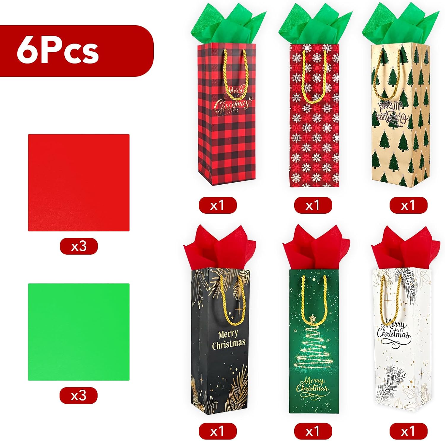 EQOREIIN 6 Pack Christmas Wine Gift Bags with Tissue Paper, Holiday Wine Bottles Wrap Bags with Handles for Party Favor Decoration, Winter Weddings, Liquor Lovers and Drinkers Gift Presents - Image 5