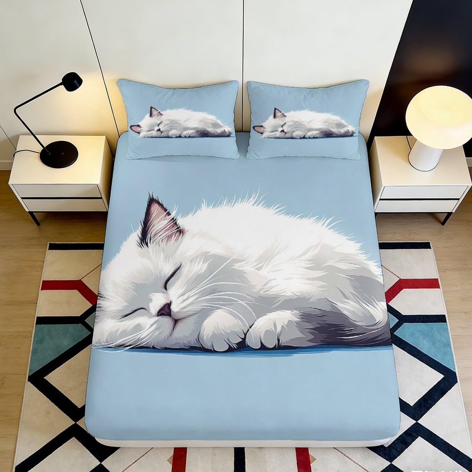 3D Printed Sleeping Cat Fitted Sheet Microfiber Blue Bed Cover for Bedroom Guest Room Mattress Protection Decor 160x200x25cm