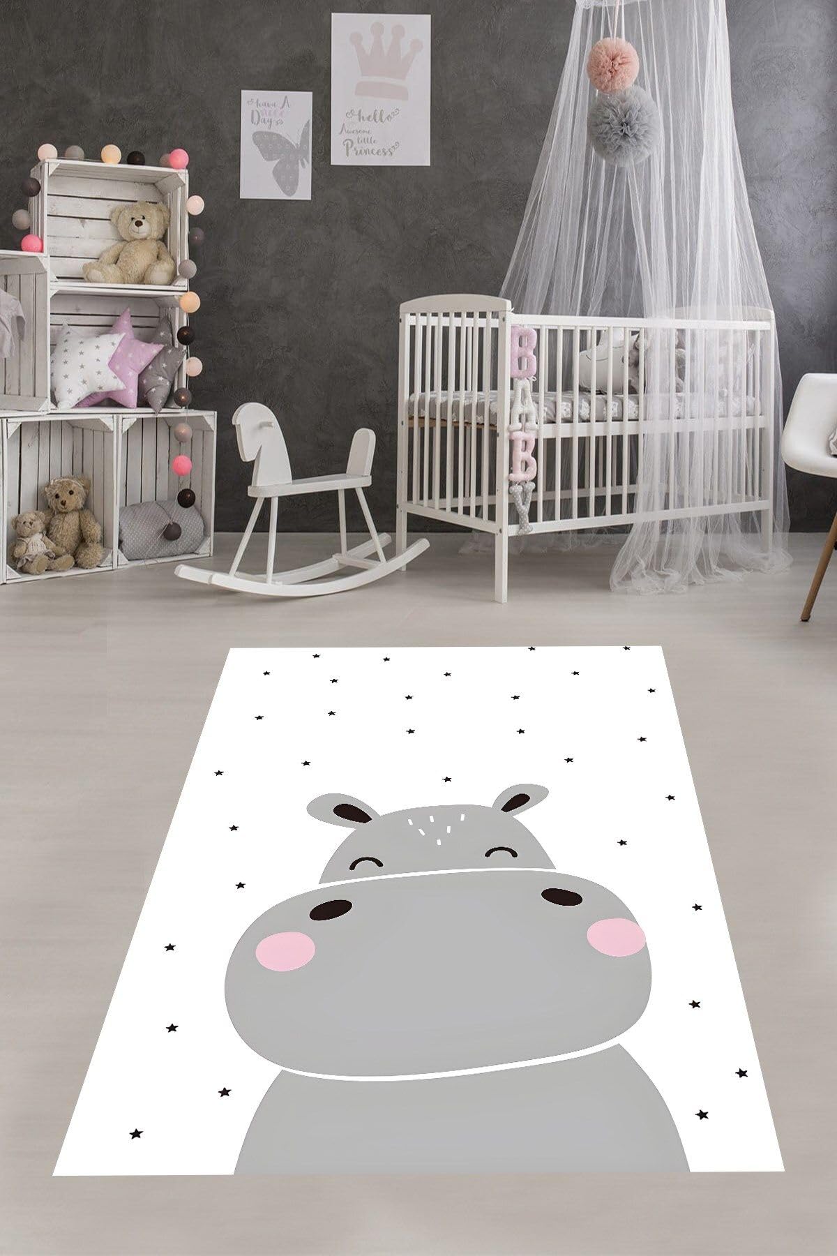 Pelangi Sevimli Hipopotam Su Aygırı Yıldızlı Yıkanabilir Kaymaz Taban Leke Tutmaz Çocuk Odası Halısık, Gri-Beyaz-Siyah 160 x 300, 76420421603001