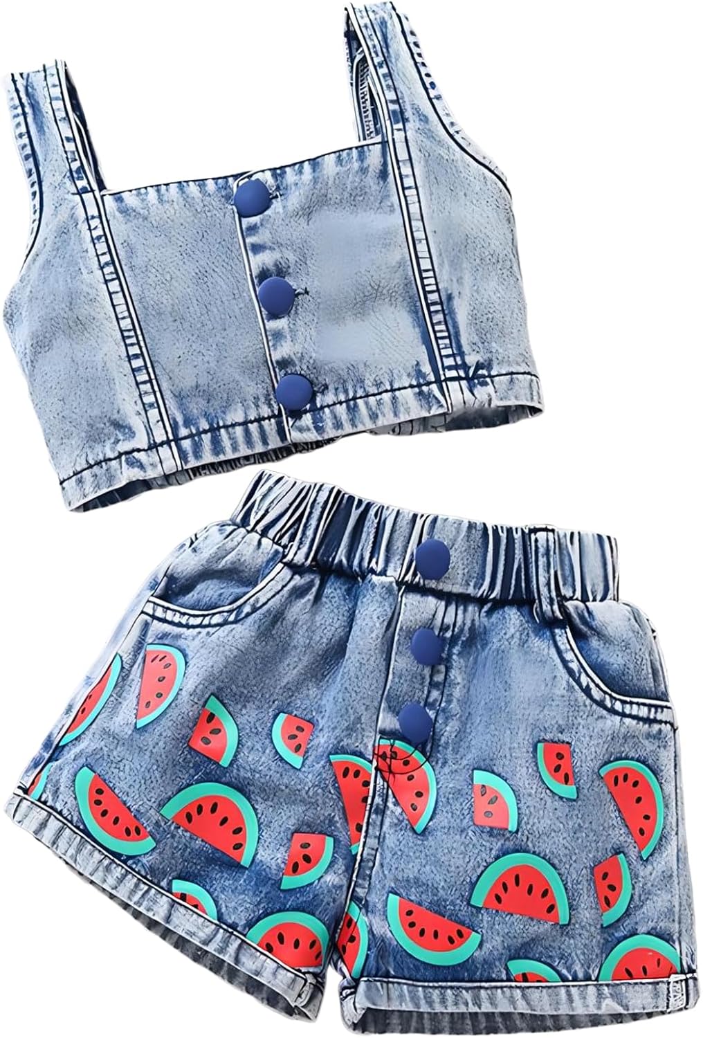 Toddler Girl's Two Piece Outfit Set Denim Smocked Sleeveless Crop Tank Tops & Watermelon Print Shorts