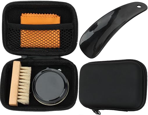 Travel Shoe Shine Kit Complete Shoe Shine Travel Set with Shoe Care Tools & Travel Bag Leather Care Set Leather care set Polish Brush Travel Case Soft Horsehair Bristle Dauber Applicator+Shoe Horn